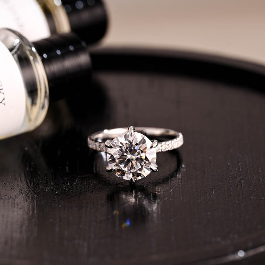 Half Pave Round Cut Moissanite Engagement Ring, Solid Gold Alternative 6 Prongs Anniversary Ring, Moissanite Promise