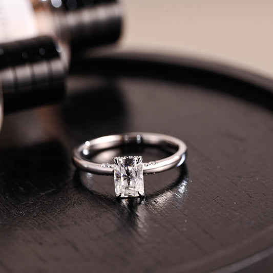 Solid Gold Hidden Halo Radiant Cut Moissanite Engagement Ring, Anniversary Ring for Her