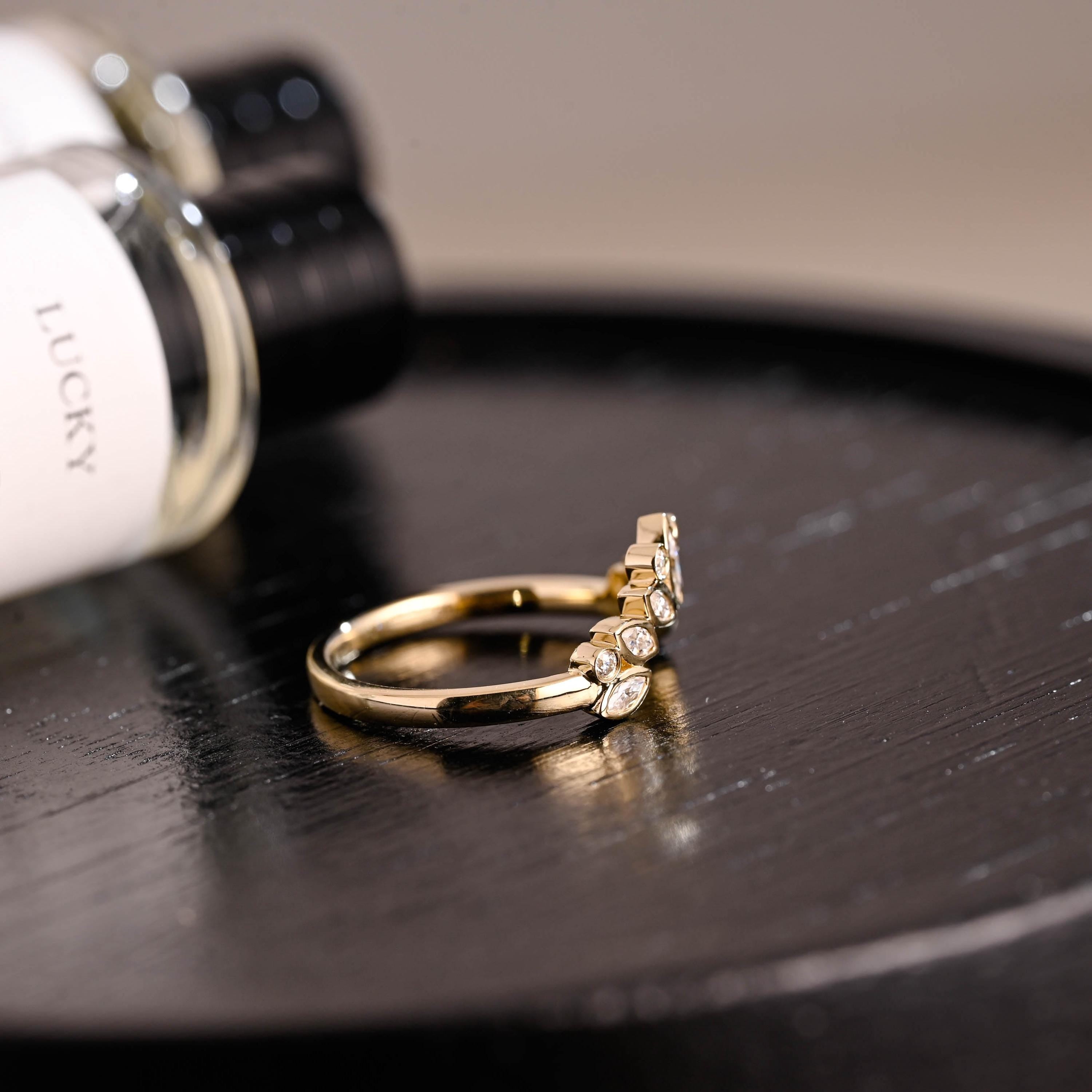 Curved Solid Gold Moissanite Wedding Band, Bezel Nest Ring