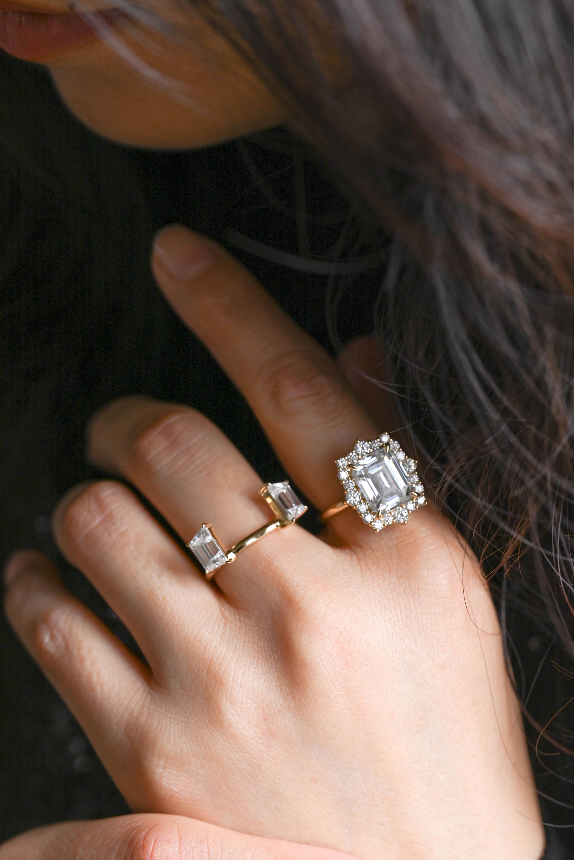 Solid Gold Trapezoid Moissanite Wedding Band, Matching Ring