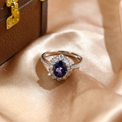 Solid Gold Oval Cut Lab Grown Sapphire Engagement Ring, Halo Wedding Ring