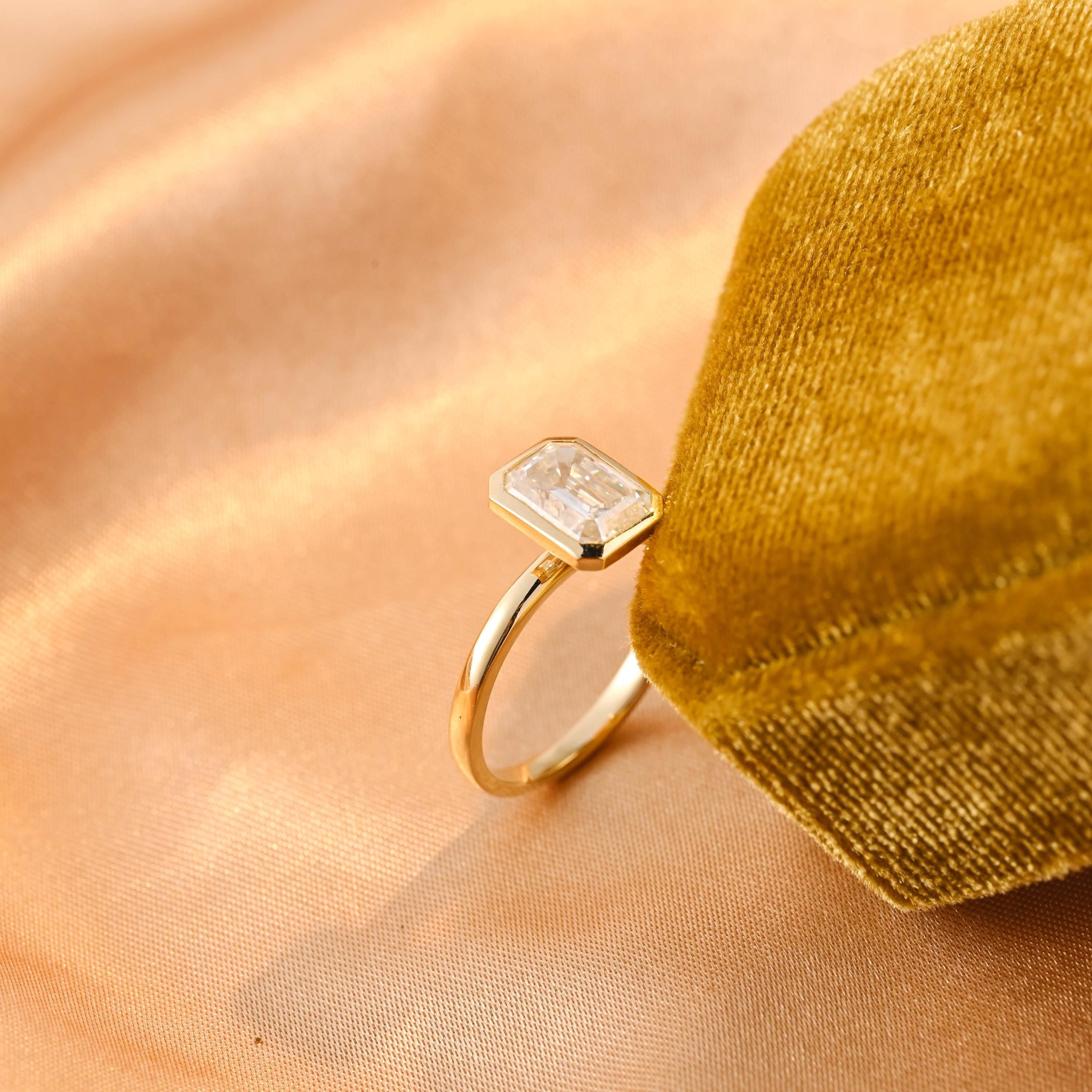 Solid Gold Solitaire Bezel Emerald Cut Moissanite Engagement Ring, Anniversary Ring for Women