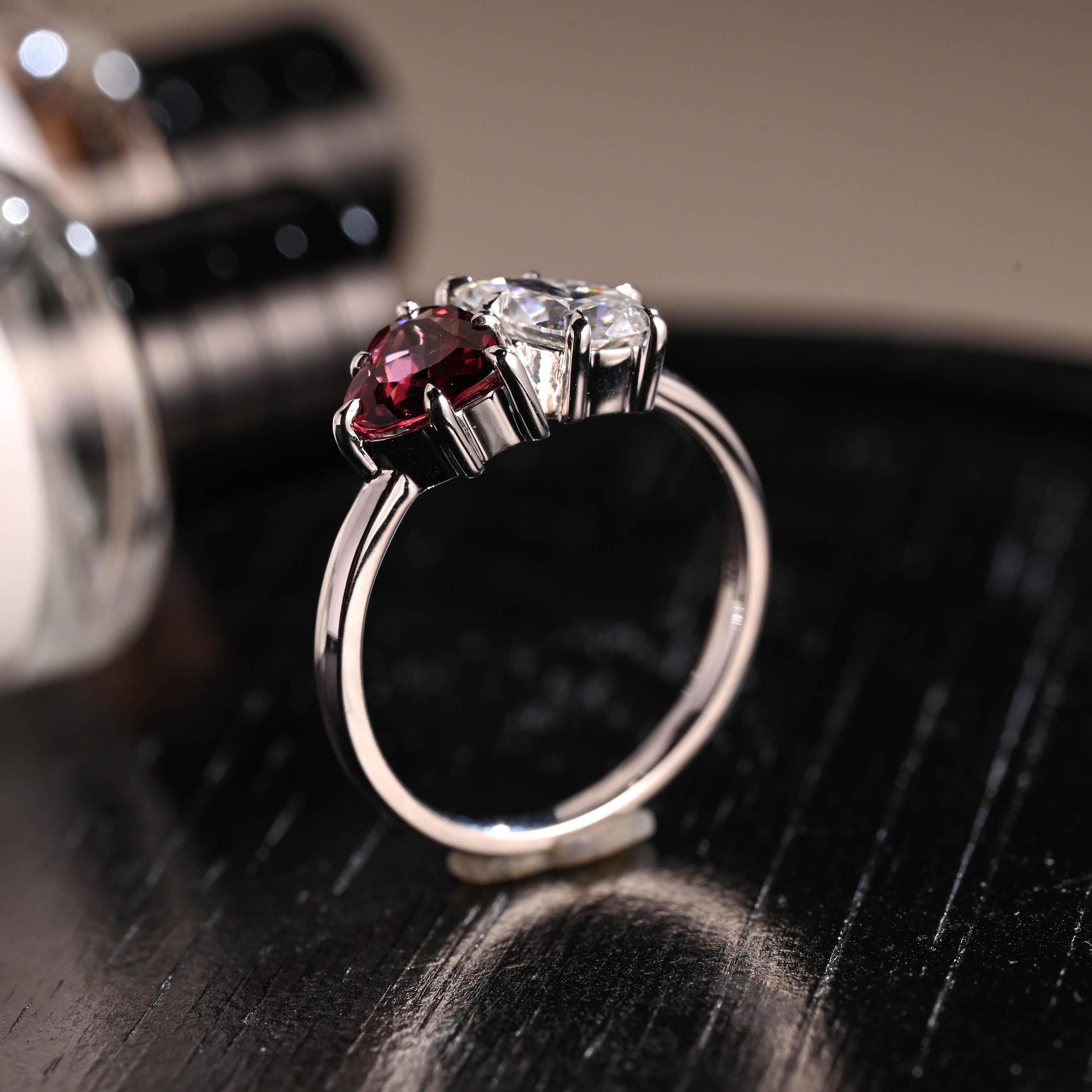 Toi et Moi Garnet Ring Pear Moissanite Engagement Ring, Solid Gold Heart Shaped Garnet Ring