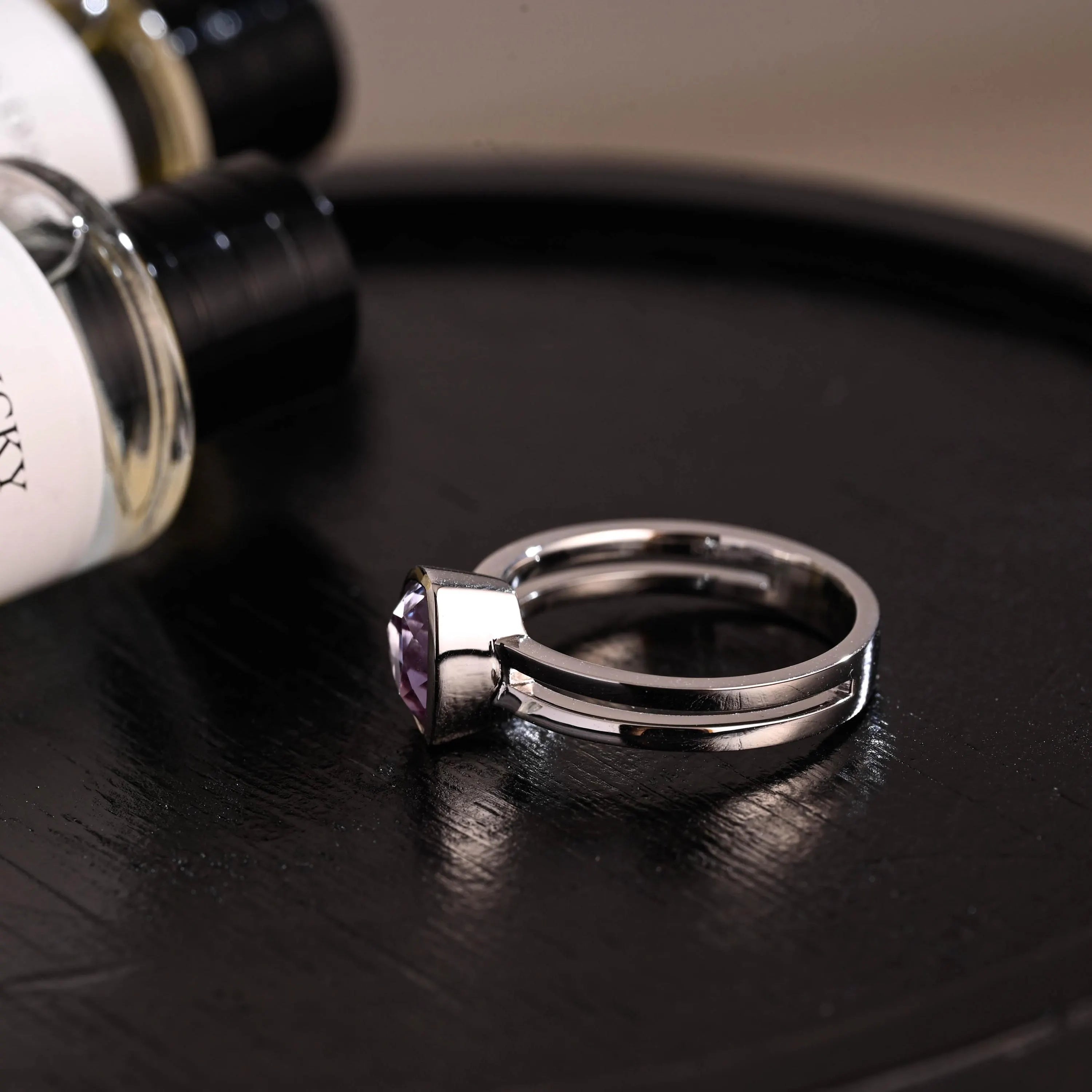 Purple Bezel Trilliant Cut Alexandrite Engagement Ring, Solid Gold Low Setting Anniversary Ring for Women Wife
