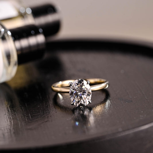 Solid Gold Two Tone Oval Cut Moissanite Engagement Ring, Hidden Halo Wedding Ring