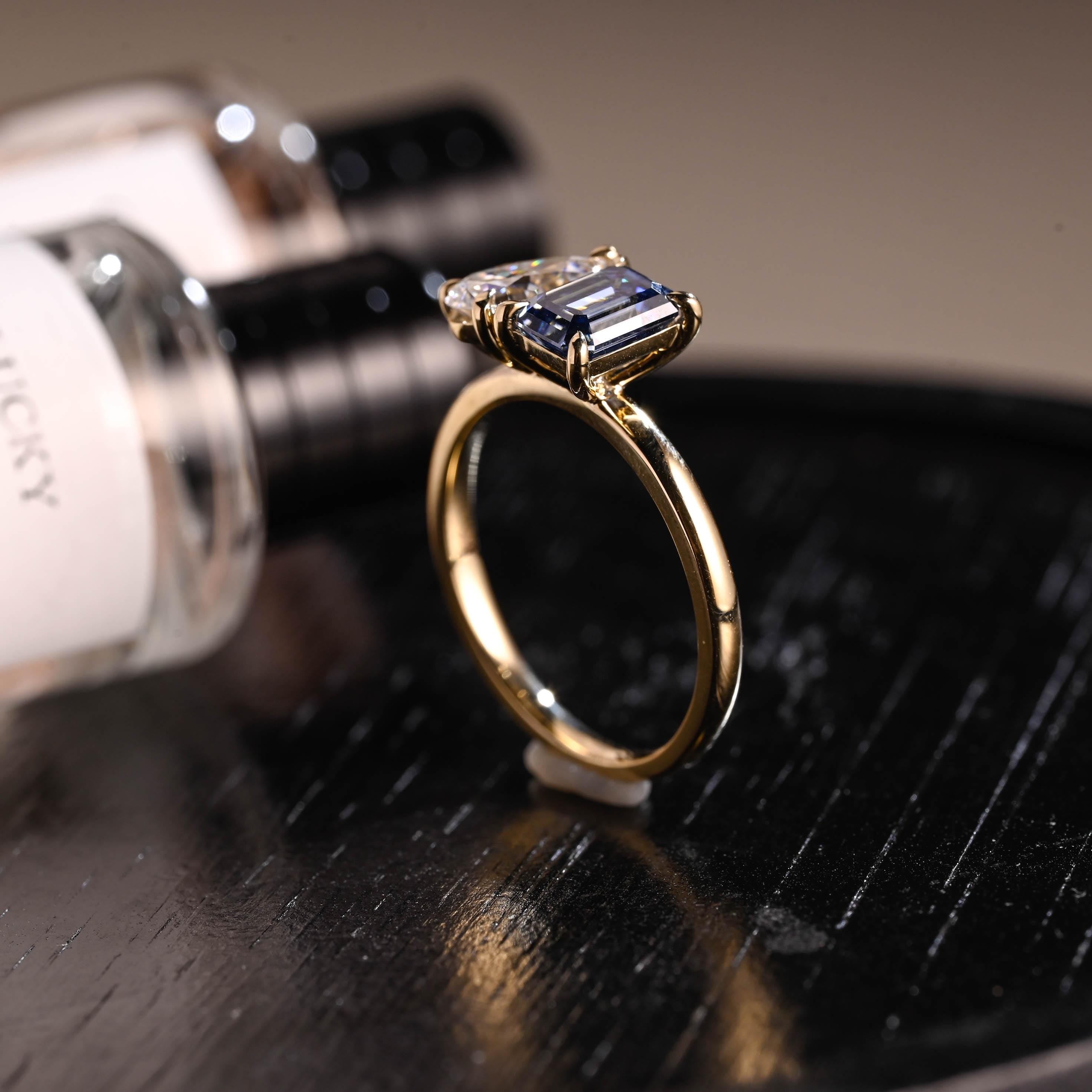 Solid Gold Toi et Moi Pear Moissanite Engagement Ring, Lab Grown Sapphire Two Stone Ring