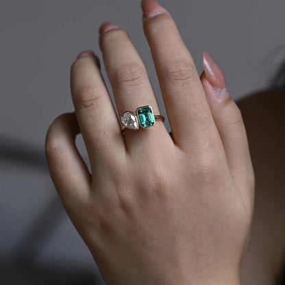Bezel Toi et Moi Engagement Ring, Lab Grown Emerald Ring, Solid Gold Pear Cut Moissanite Wedding Ring
