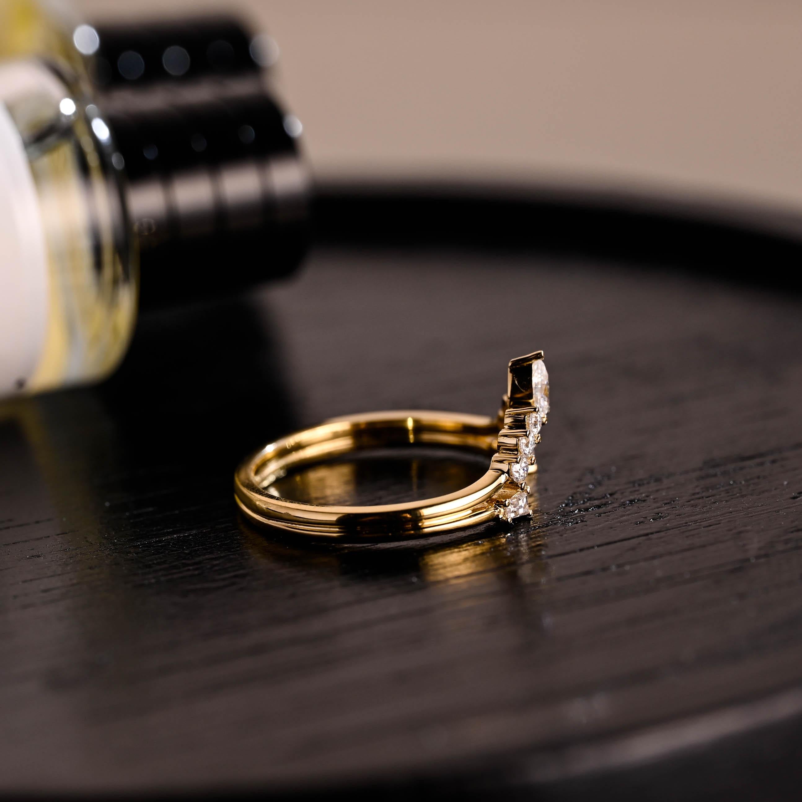 Solid Gold Moissanite Nesting Wedding Band, Stackable Curved Ring