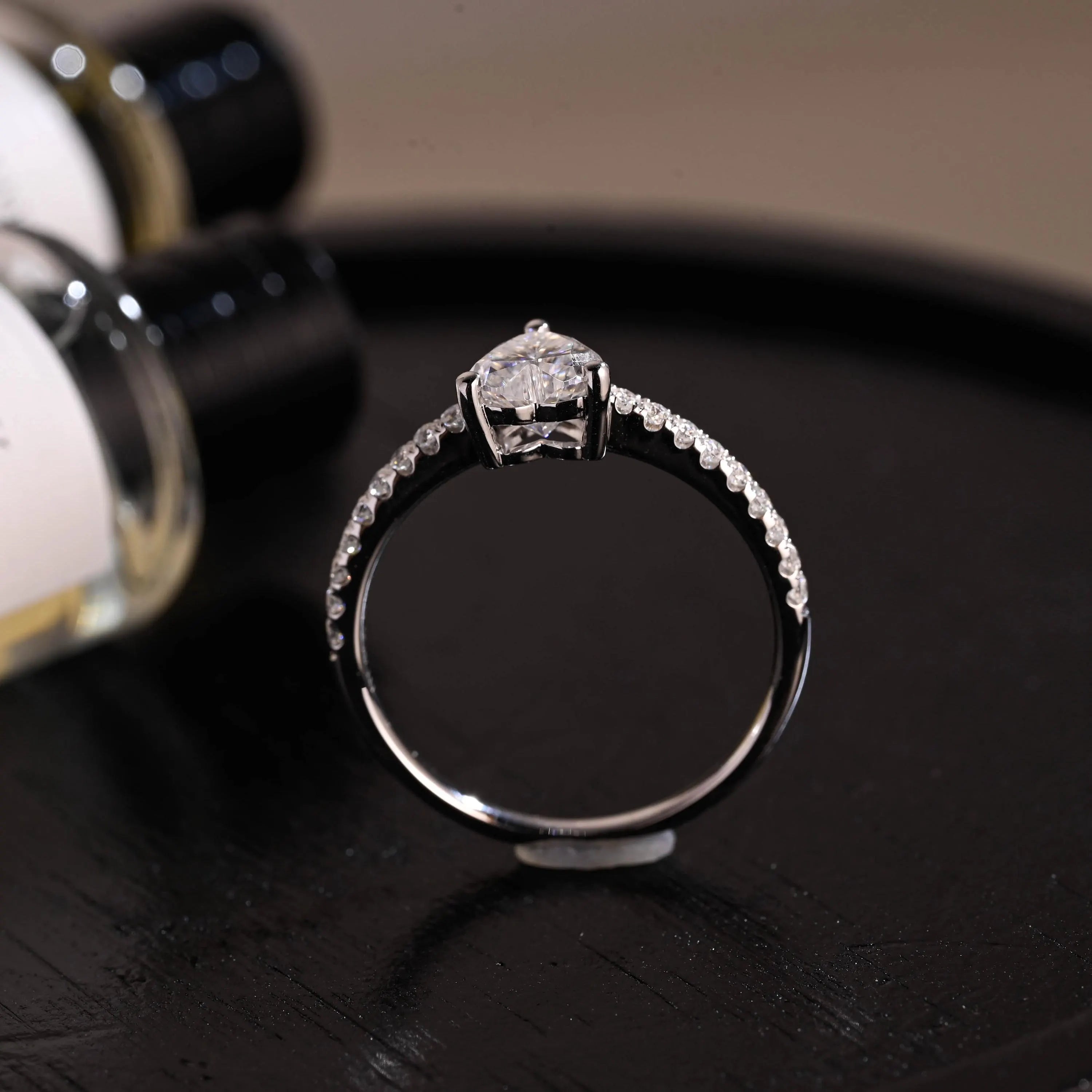Solid Gold Heart Cut Pave Band Moissanite Engagement Ring, Proposal Ring, Promise Ring