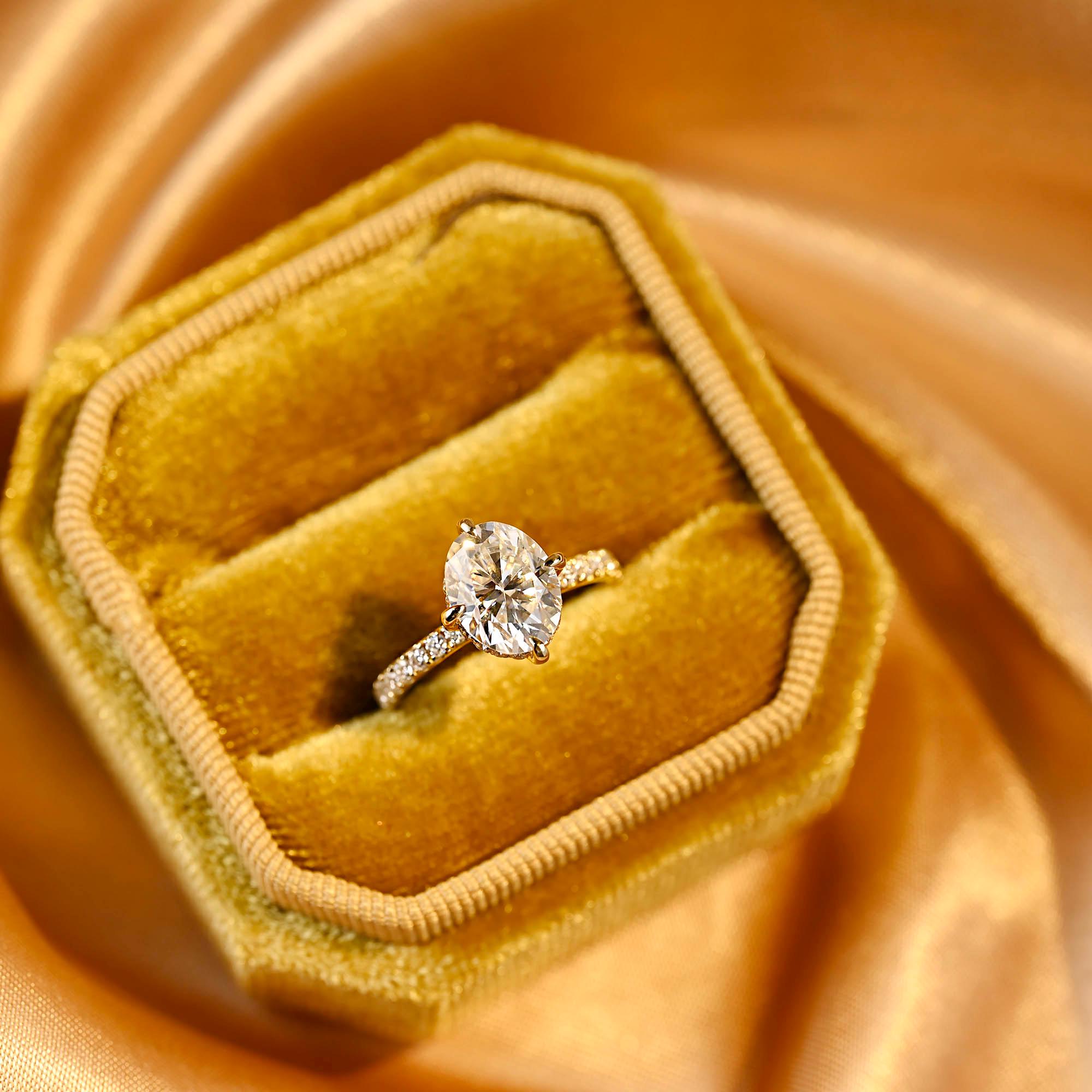 Solid Gold Double Hidden Halo Oval Cut Moissanite Engagement Ring