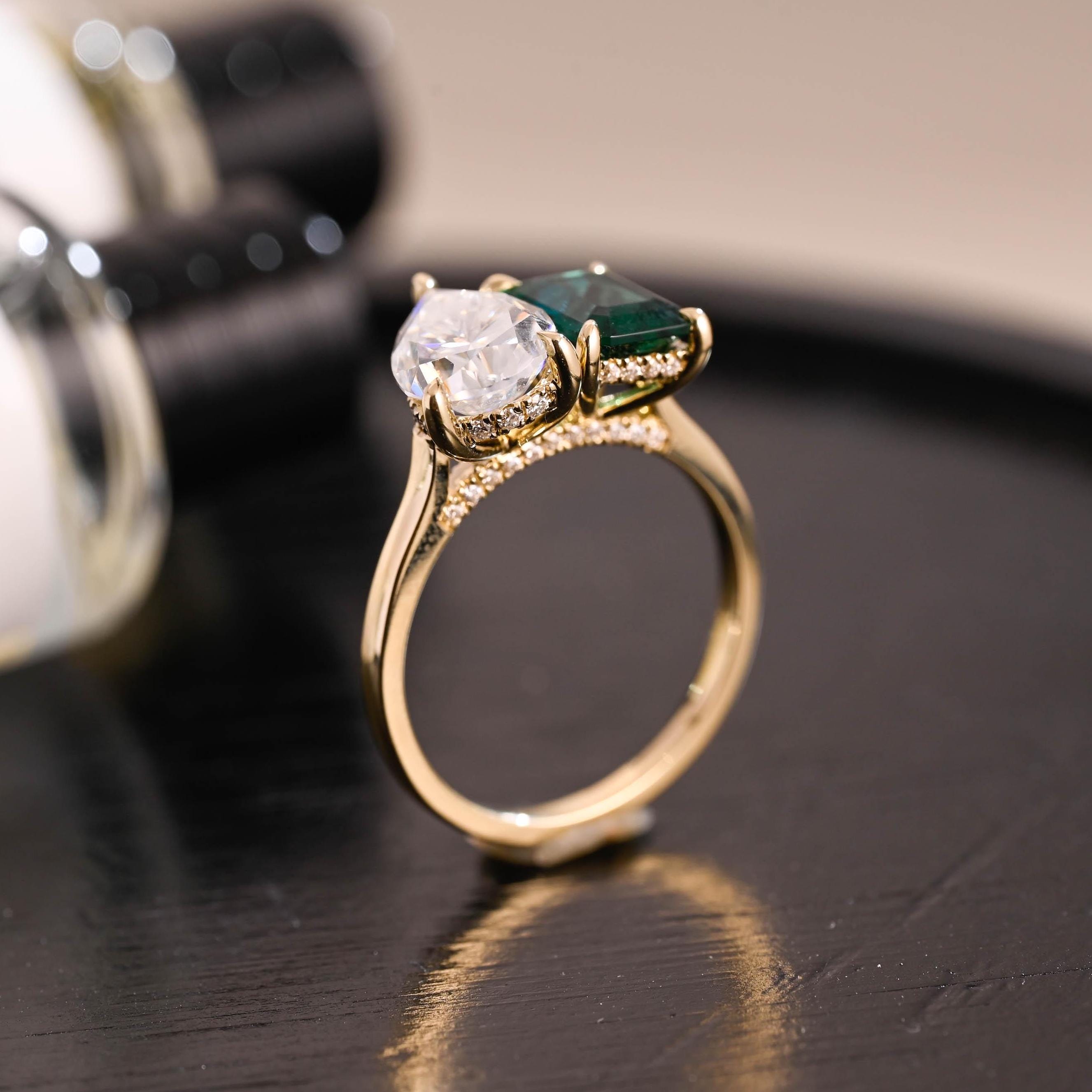 Solid Gold Lab Grown Emerald Toi et Moi Ring, Hidden Halo Memorial Two Stone Moissanite Engagement Ring