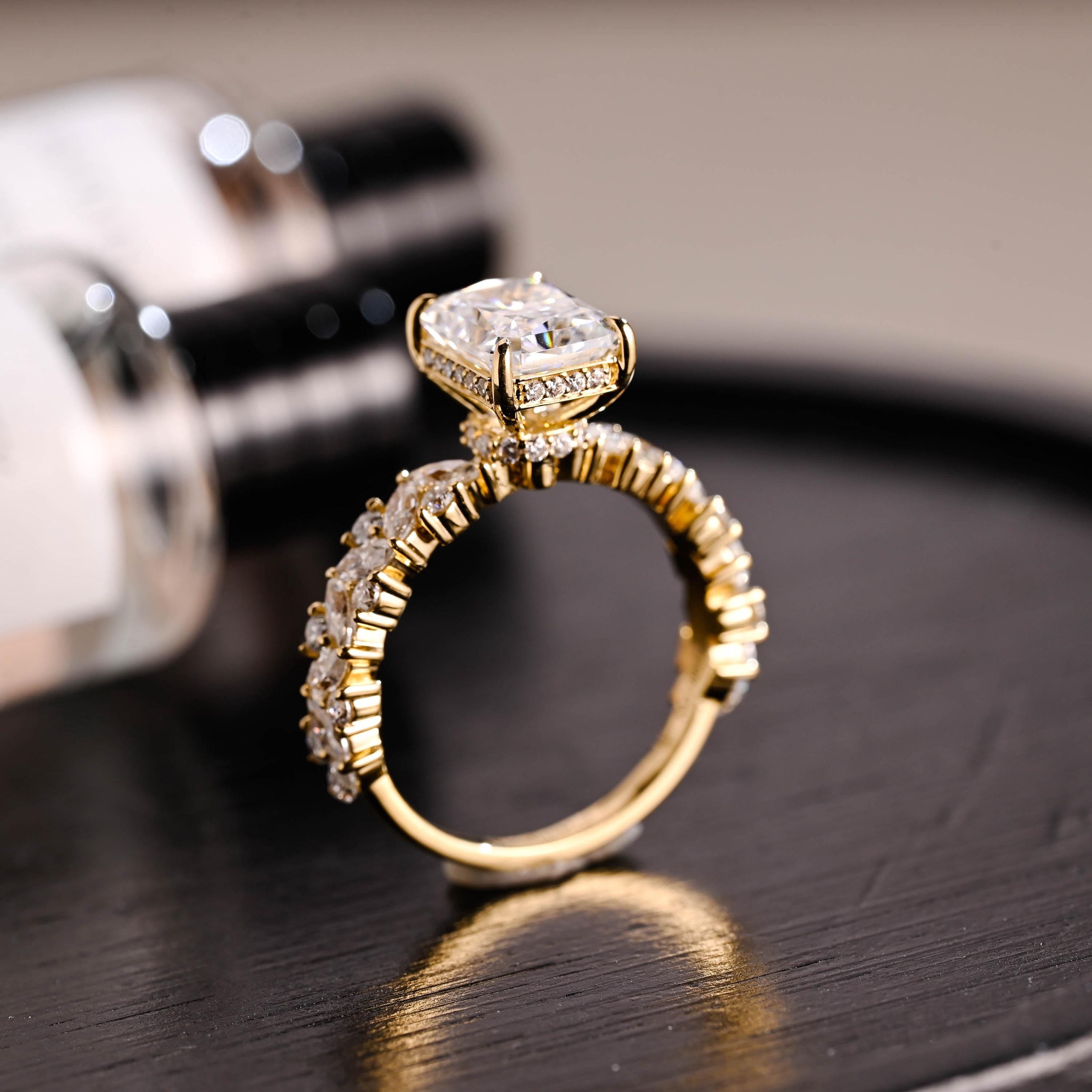 Solid Gold Half Pave Hidden Halo Radiant Cut Moissanite Engagement Ring