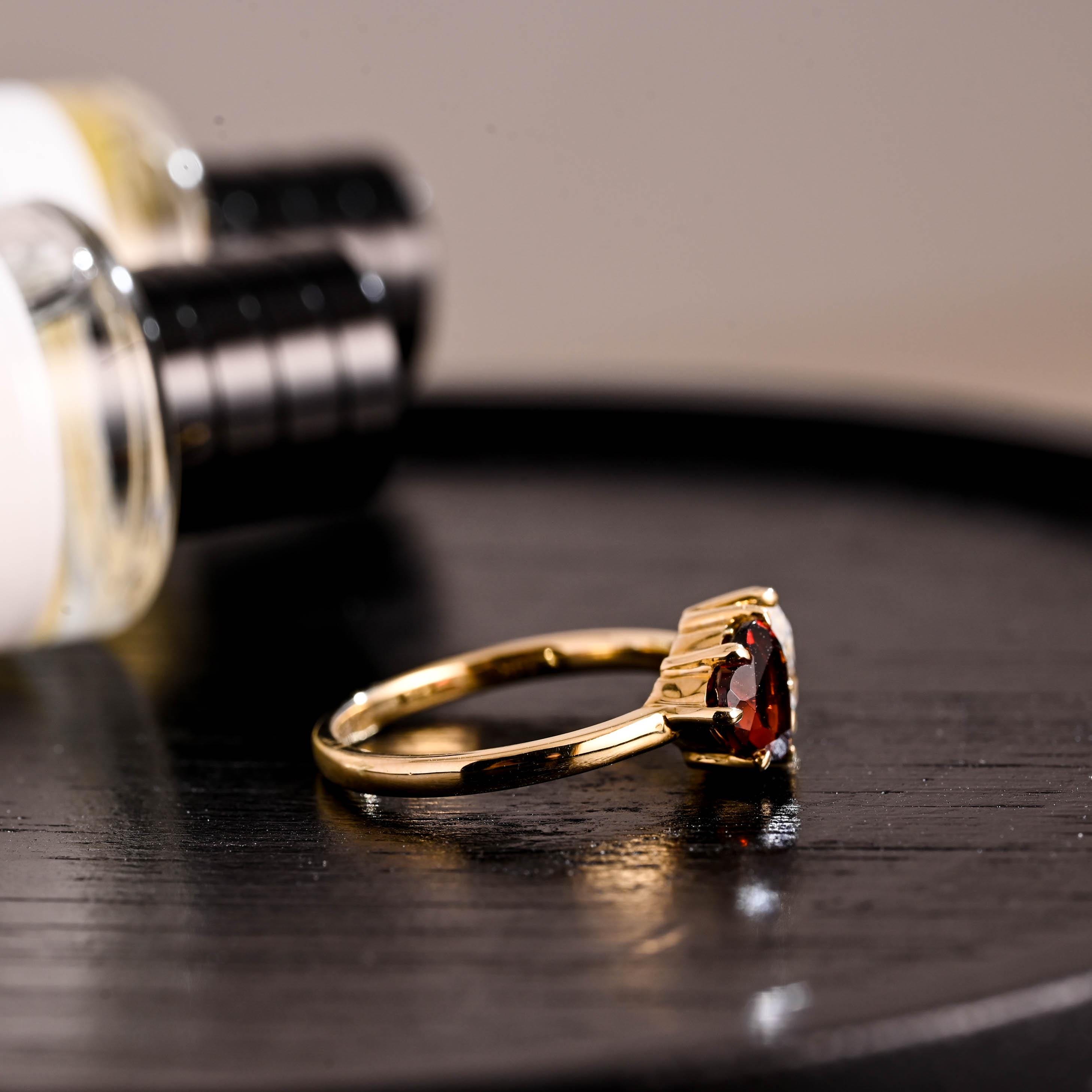 Toi et Moi Garnet Ring Pear Moissanite Engagement Ring, Solid Gold Heart Shaped Garnet Ring