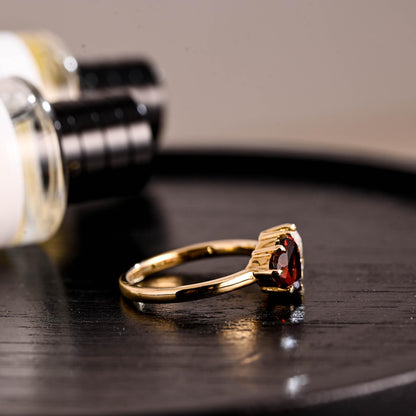 Toi et Moi Garnet Ring Pear Moissanite Engagement Ring, Solid Gold Heart Shaped Garnet Ring