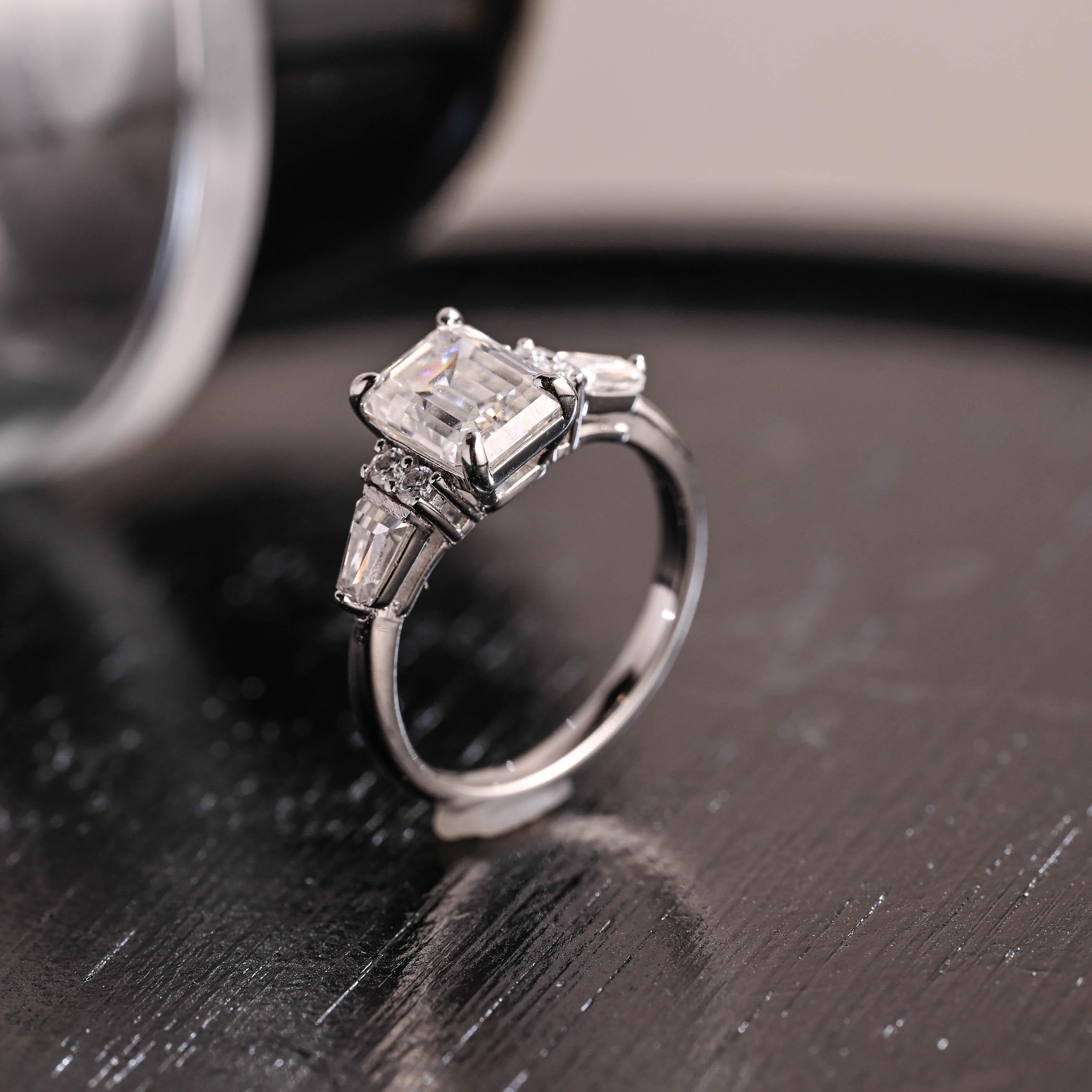 Solid Gold Three Stone Emerald Cut Moissanite Engagement Ring, Trapezoid Accents Emerald Cut Wedding Ring, Anniversary Ring, Moissanite Gift
