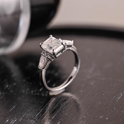 Solid Gold Three Stone Emerald Cut Moissanite Engagement Ring, Trapezoid Accents Emerald Cut Wedding Ring, Anniversary Ring, Moissanite Gift