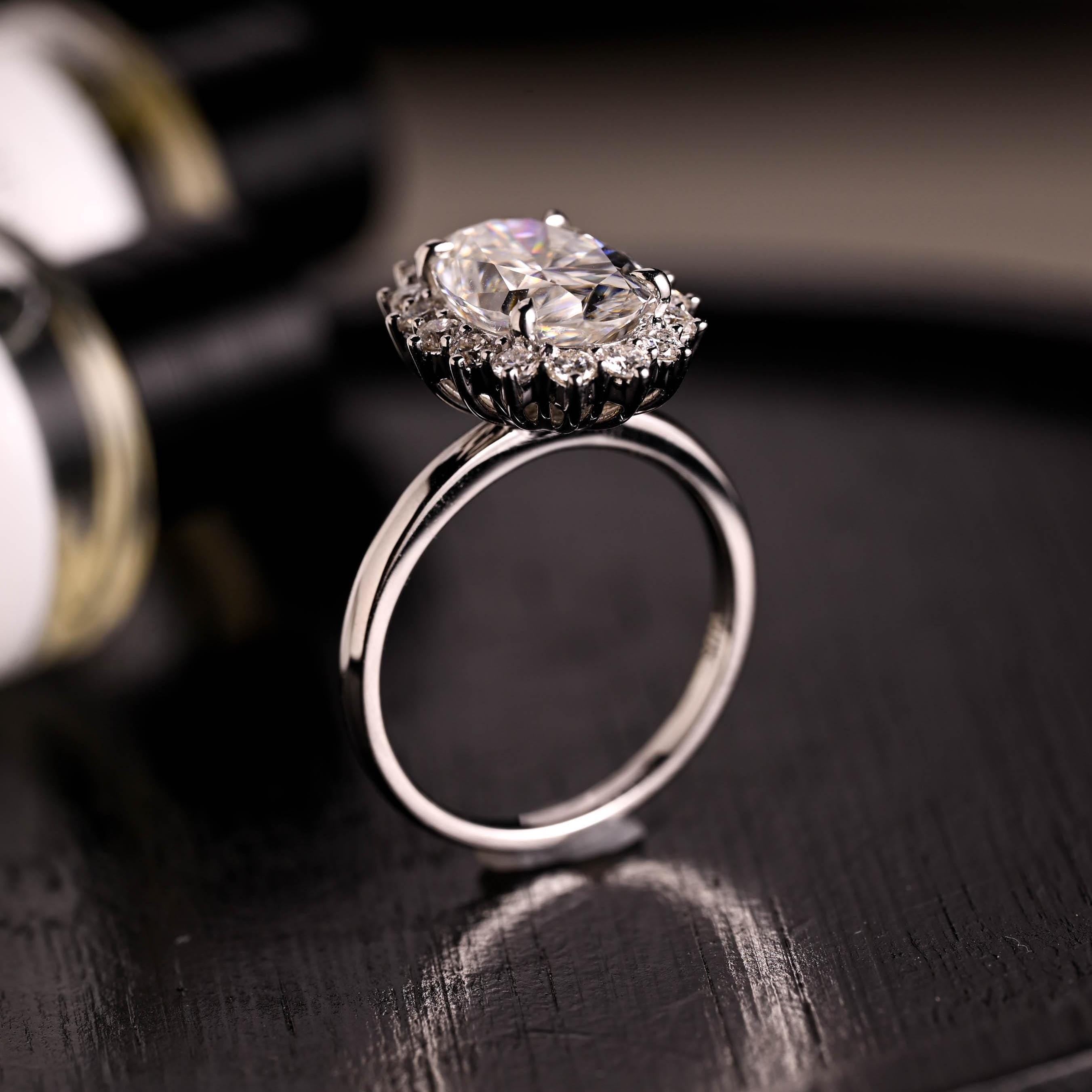 Solid Gold Starburst Oval Cut Moissanite Engagement Ring, Halo Wedding Ring