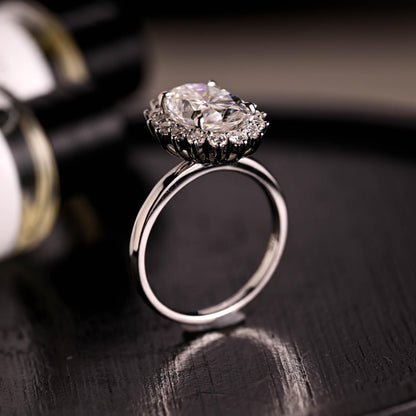 Solid Gold Starburst Oval Cut Moissanite Engagement Ring, Halo Wedding Ring