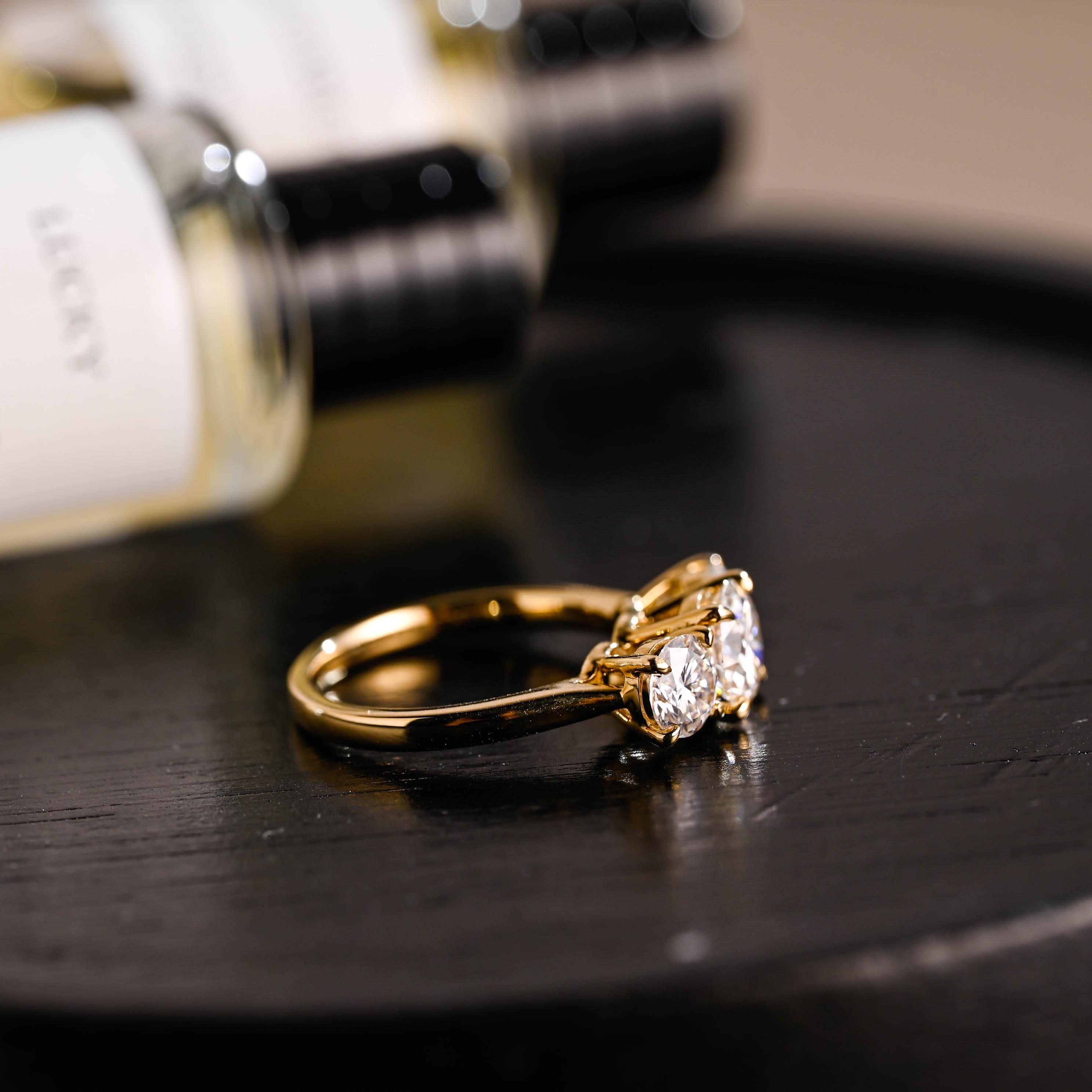 Solid Gold Three Stone Round Cut Moissanite Engagement Ring, Commitment Ring, Anniversary Gift for Women Wife