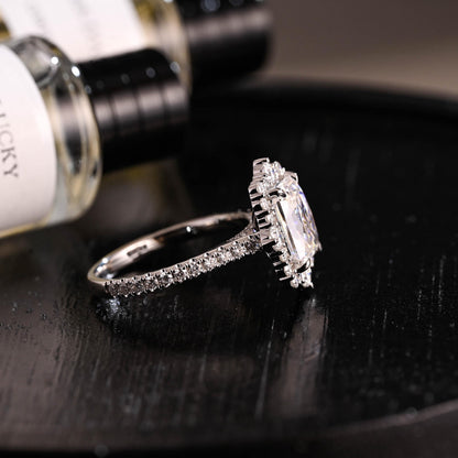 Solid Gold Radiant Cut Moissanite Engagement Ring, Halo Pave Cathedral Setting Vintage Style Ring