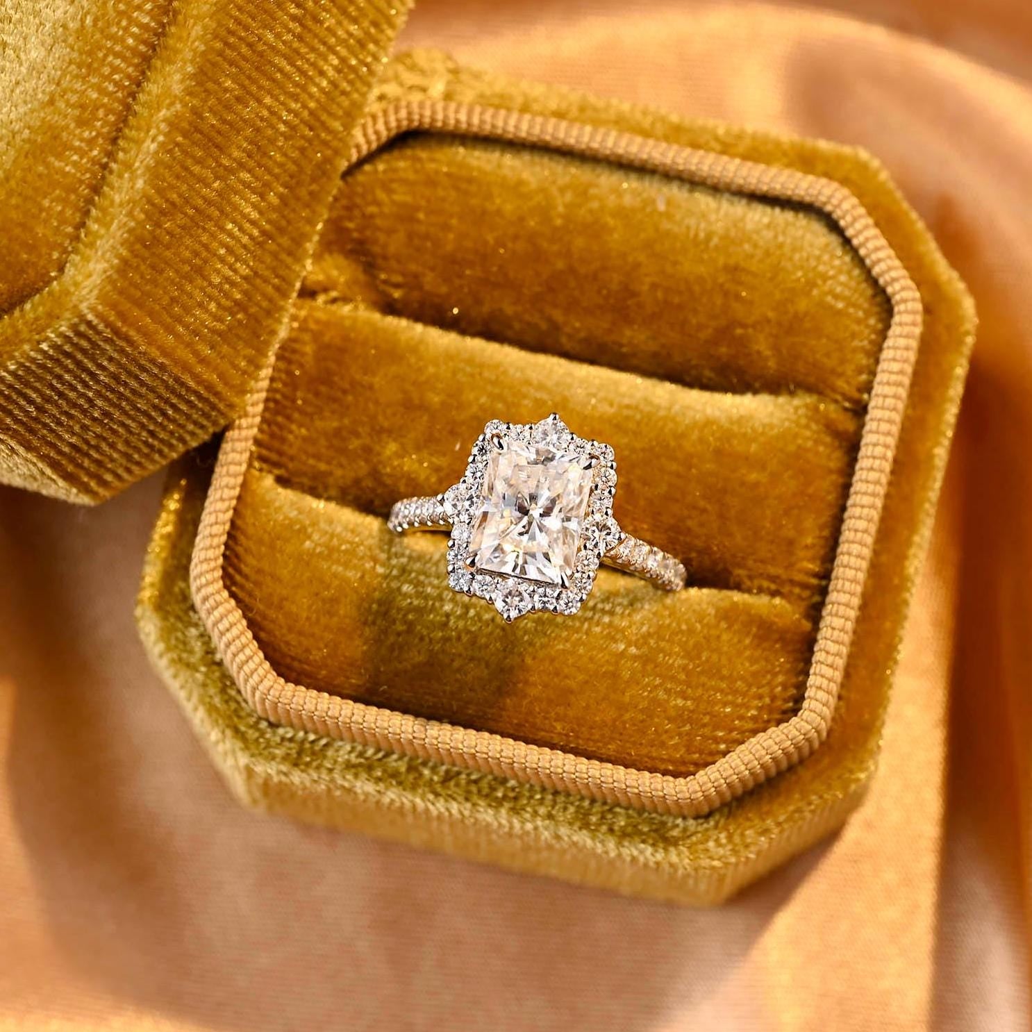 Solid Gold Cathedral Setting Radiant Cut Moissanite Engagement Ring, Halo Pave Vintage Style Ring