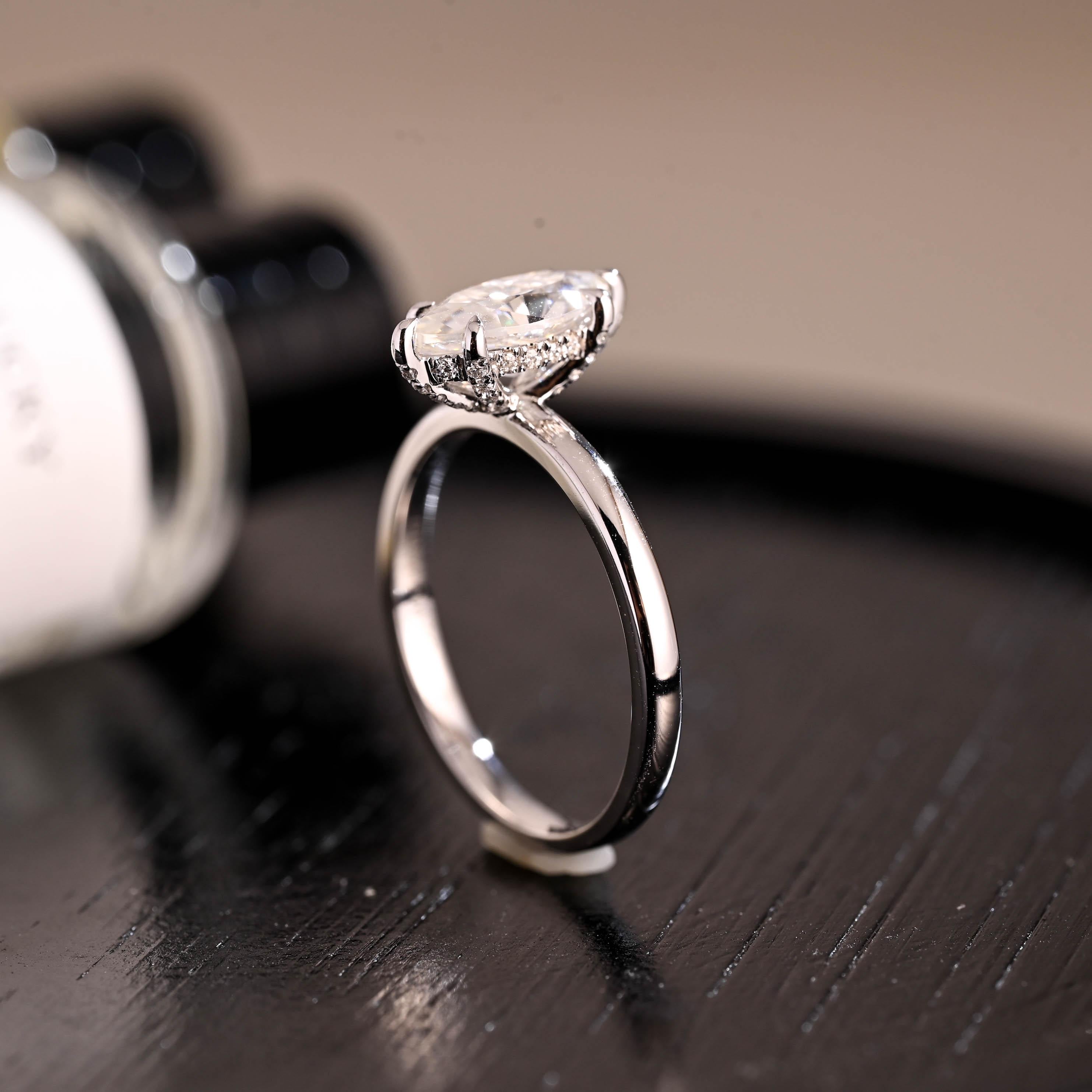 Solid Gold Marquise Cut Moissanite Engagement Ring, Pave Prong Setting