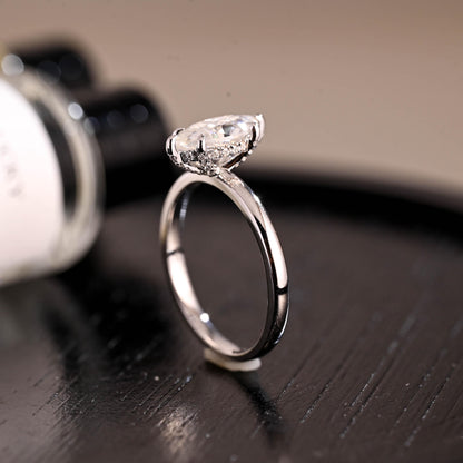 Solid Gold Marquise Cut Moissanite Engagement Ring, Pave Prong Setting