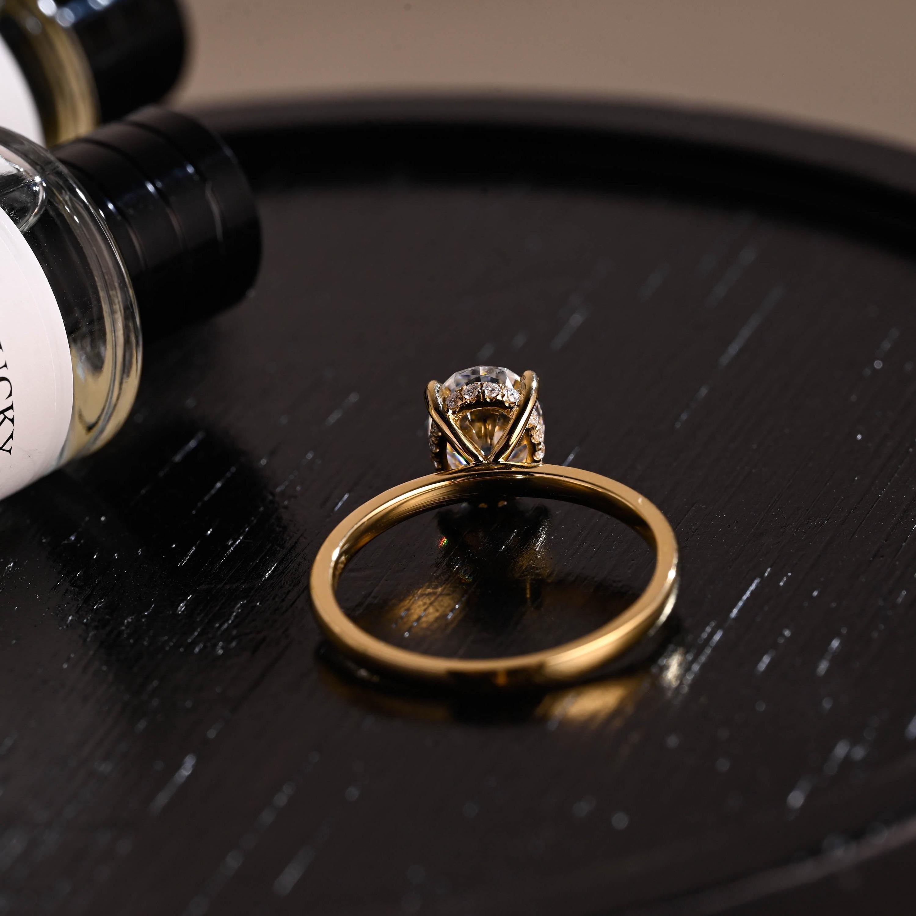 Solid Gold Oval Cut Moissanite Engagement Ring, Hidden Halo Wedding Ring