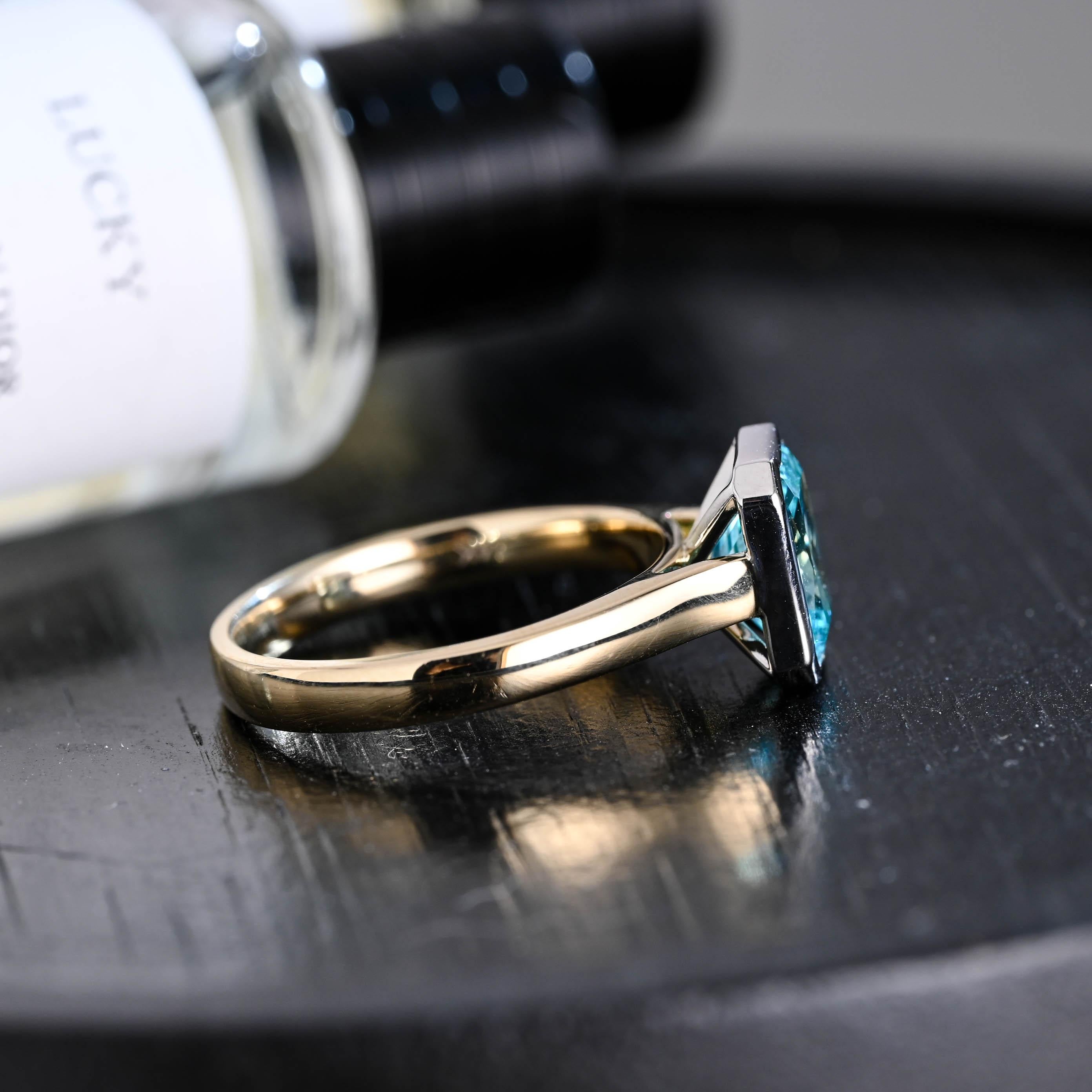 Solid Gold Radiant Cut Aquamarine Color Sapphire Engagement Ring, Two Tone Bezel Proposal Ring