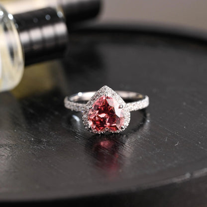 Solid Gold Heart Cut Pink Moissanite Engagement Ring, Hidden Halo Proposal Ring,Wedding Ring