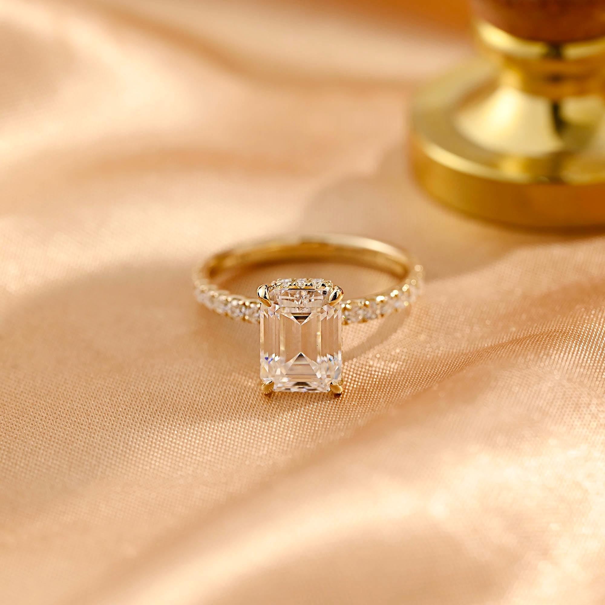 Half Eternity Emerald Cut Moissanite Engagement Ring, Solid Gold Hidden Halo Pave Emerald Cut Moissanite Wedding Ring, Anniversary Ring