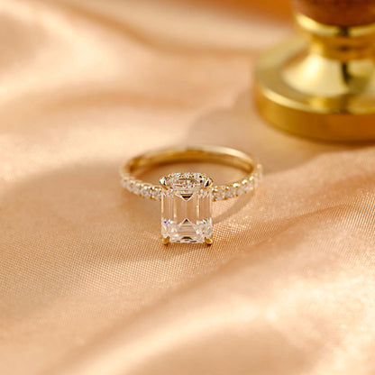 Half Eternity Emerald Cut Moissanite Engagement Ring, Solid Gold Hidden Halo Pave Emerald Cut Moissanite Wedding Ring, Anniversary Ring