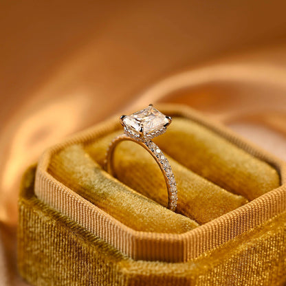 Solid Gold Radiant Cut Moissanite Engagement Ring, Hidden Halo Pave Ring