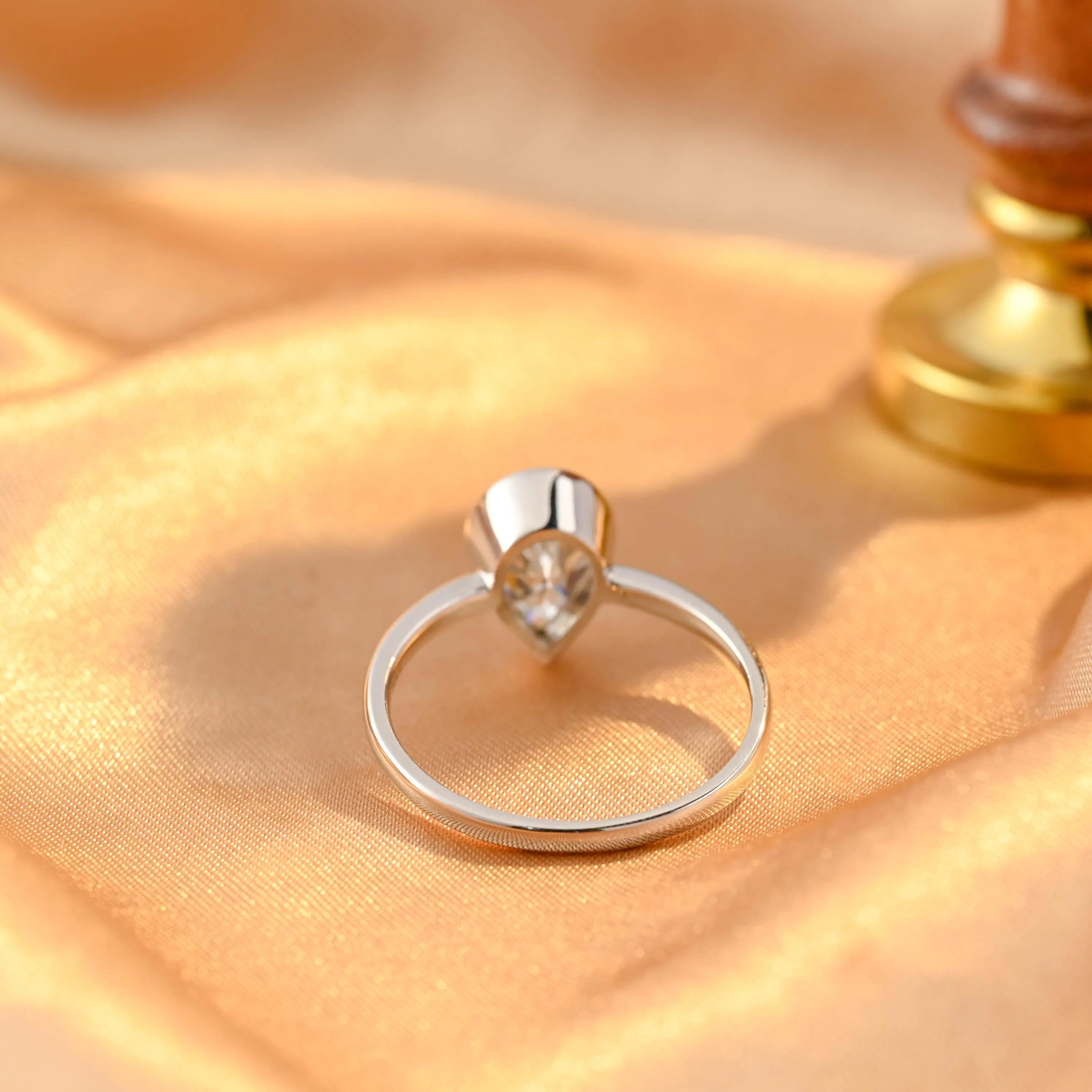Solid Gold Bezel Pear Cut Moissanite Engagement Ring, Solitaire Pear Moissanite Wedding Ring