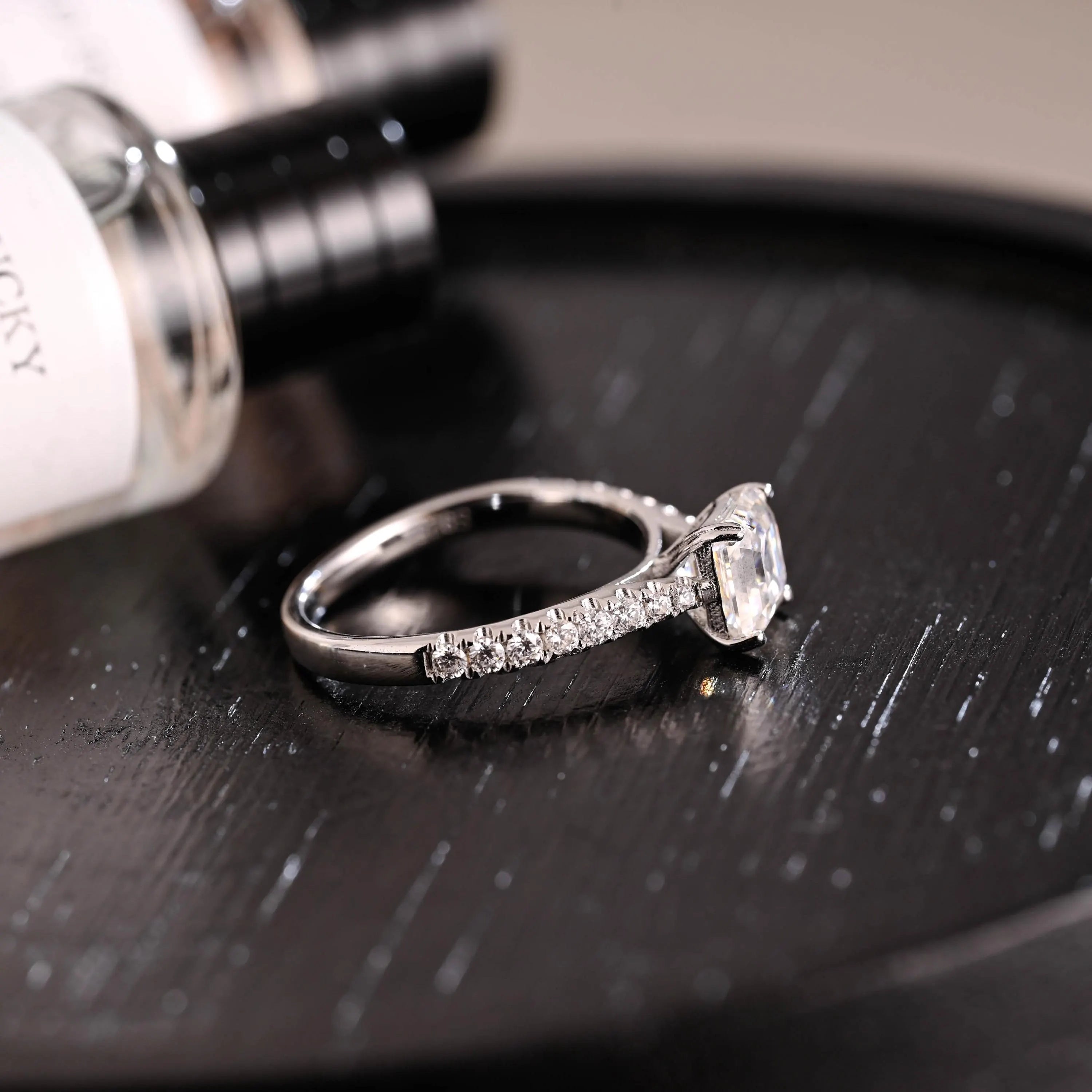 Solid Gold Half Eternity Asscher Cut Moissanite Engagement Ring, Anniversary Gift for Women Wife