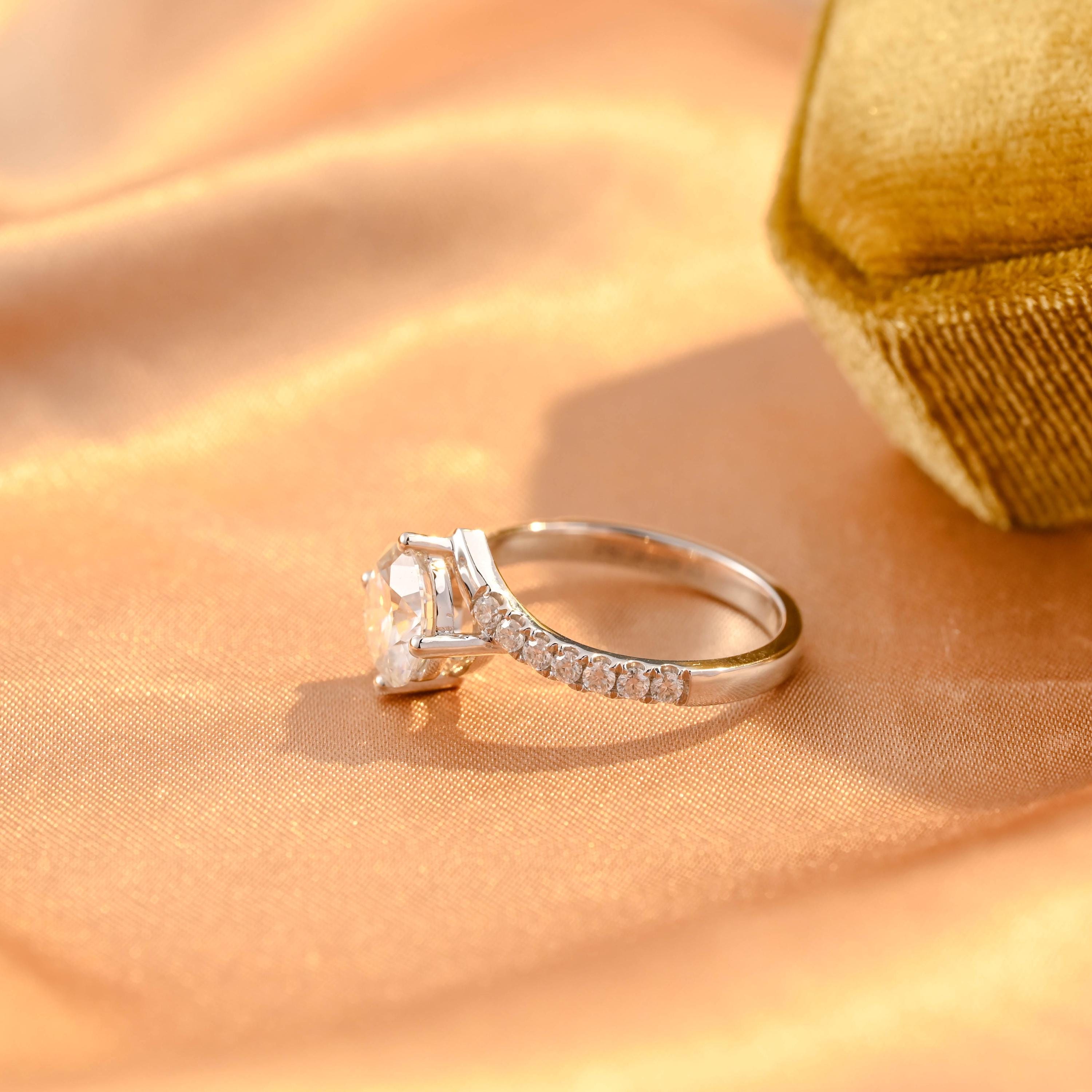 Pave Round Cut Moissanite Engagement Ring, Solid Gold Curved Moissanite Wedding Ring