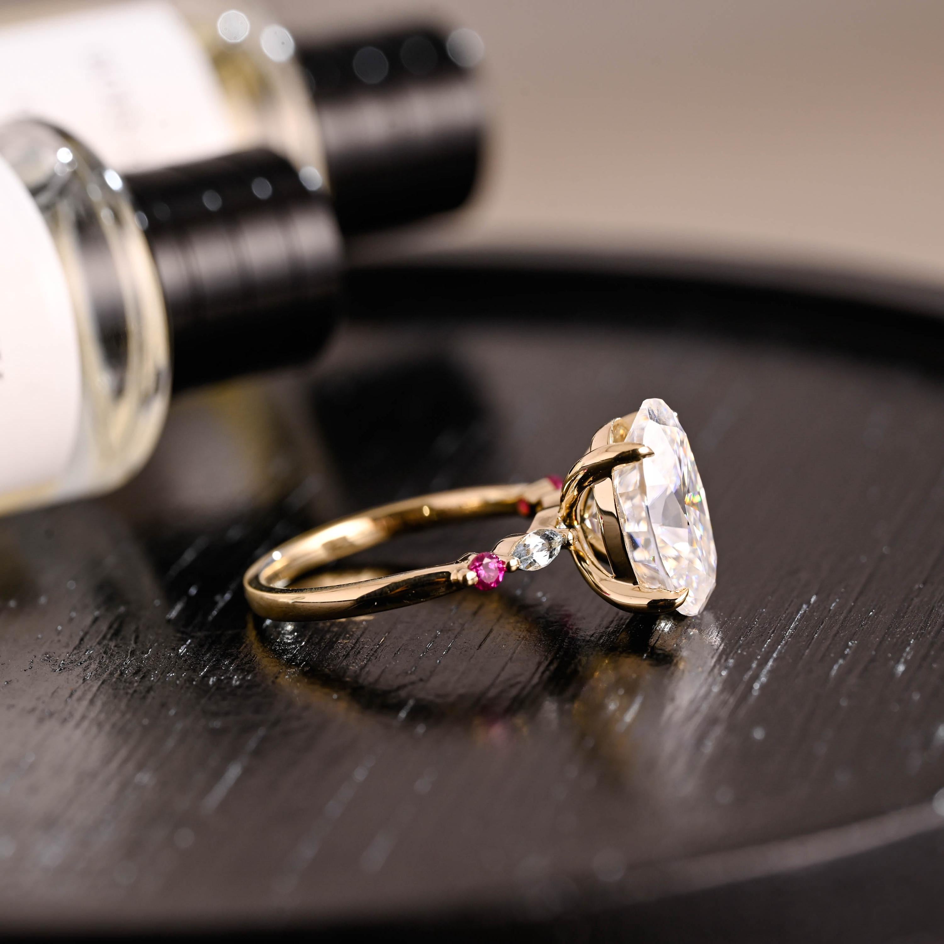 Solid Gold Lab Grown Aquamarine & Ruby Accented Oval Cut Moissanite Engagement Ring