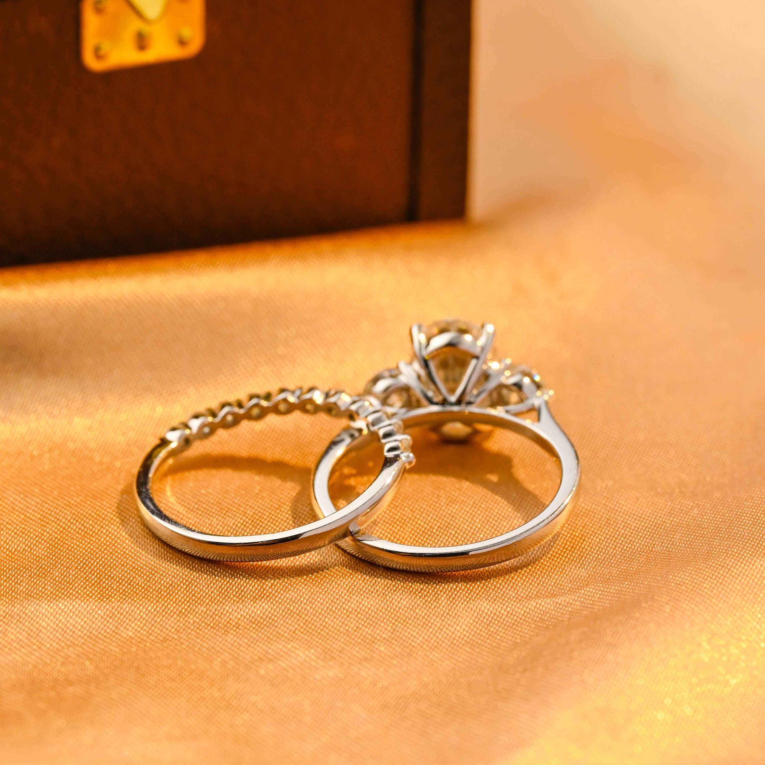 Solid Gold Three Stone Oval Cut Moissanite Engagement Ring Set, Half Eternity Ring Bridal Set