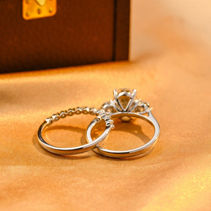 Solid Gold Three Stone Oval Cut Moissanite Engagement Ring Set, Half Eternity Ring Bridal Set