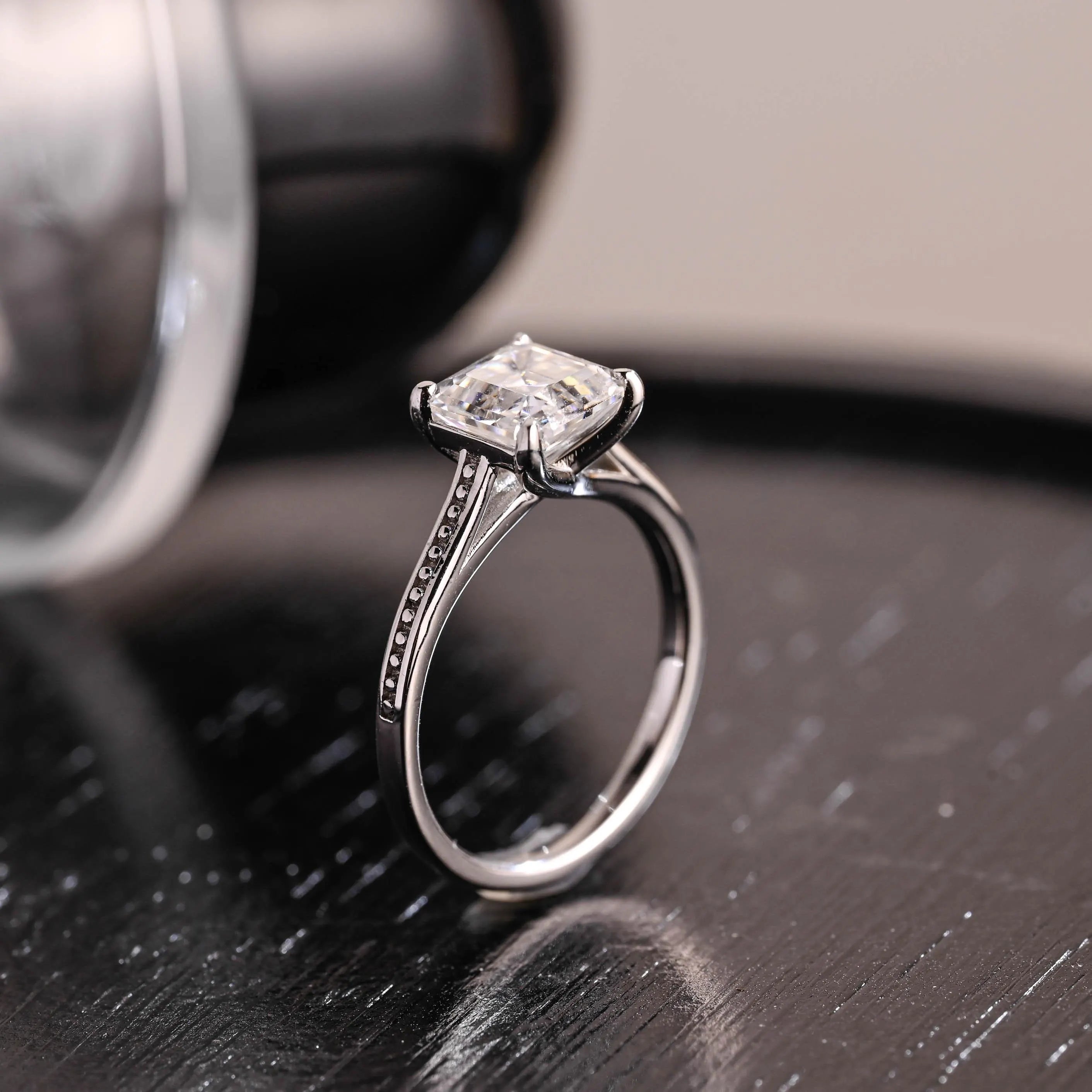 Solid Gold Faux Pave Asscher Moissanite Engagement Ring, Cathedral Set Ring