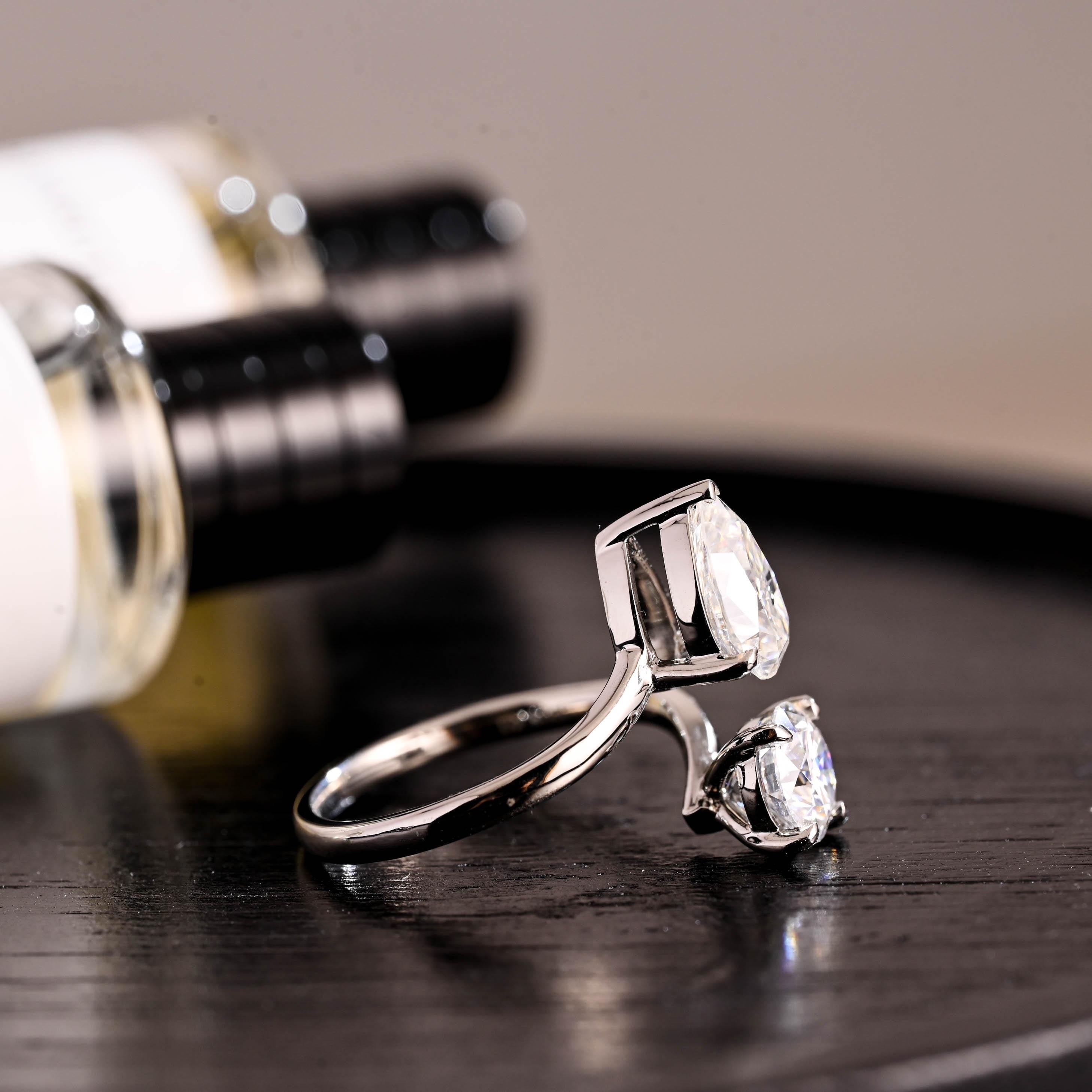 Toi et Moi Moissanite Engagement Ring, Round/Pear Cut Moissanite Solid Gold Ring, Two-Stone Wedding Ring