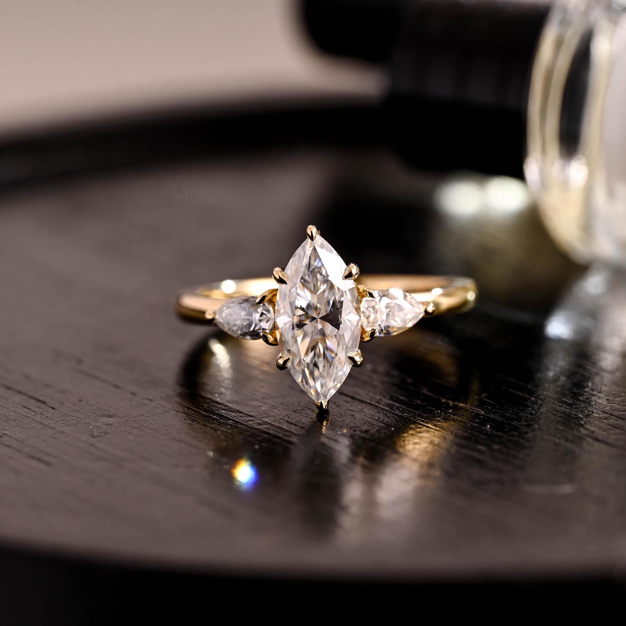 Three Stone Marquise Moissanite Ring, Solid Gold Wedding Anniversary Ring