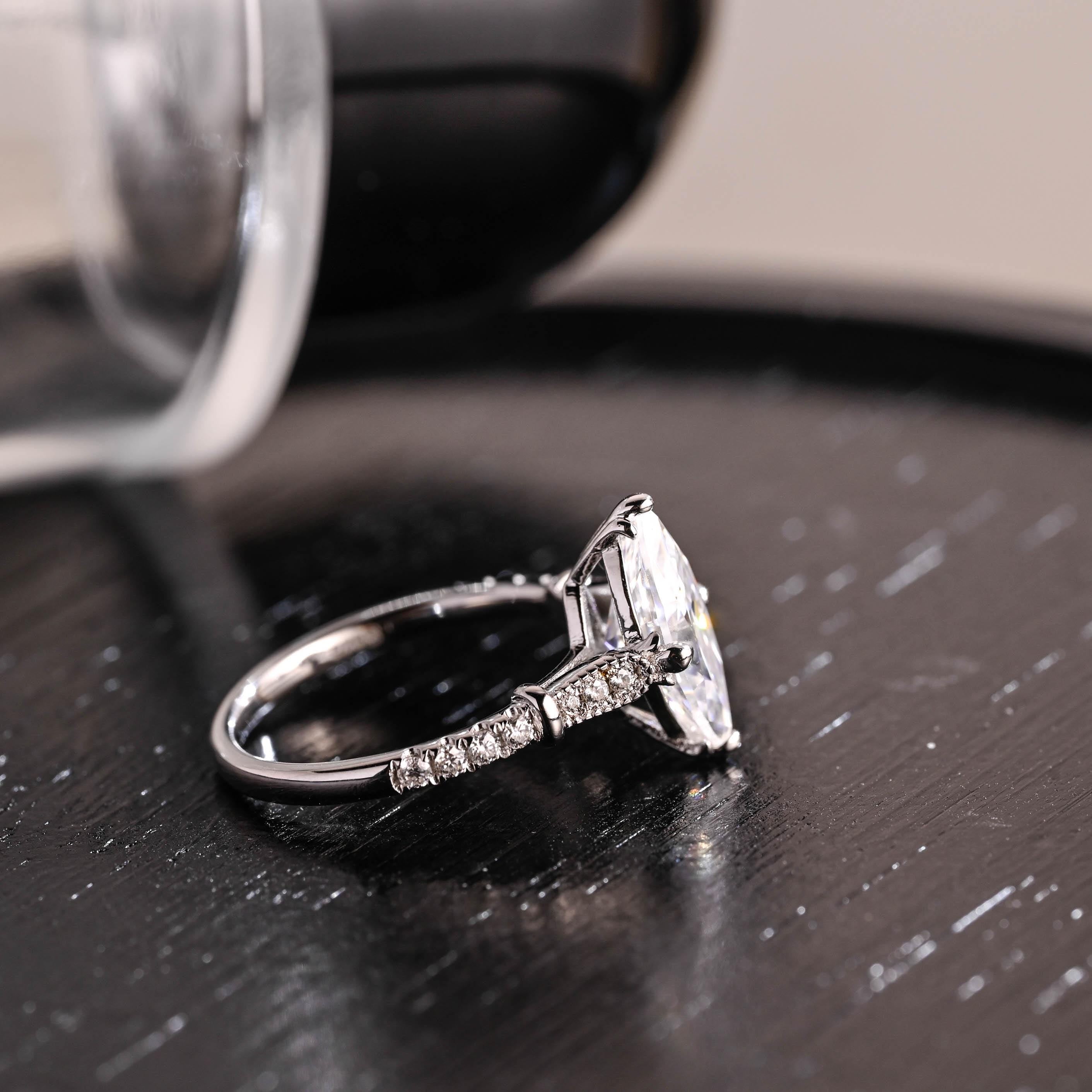 Filigree Marquise Cut Moissanite Engagement Ring, Solid Gold Milgrain Wedding Ring