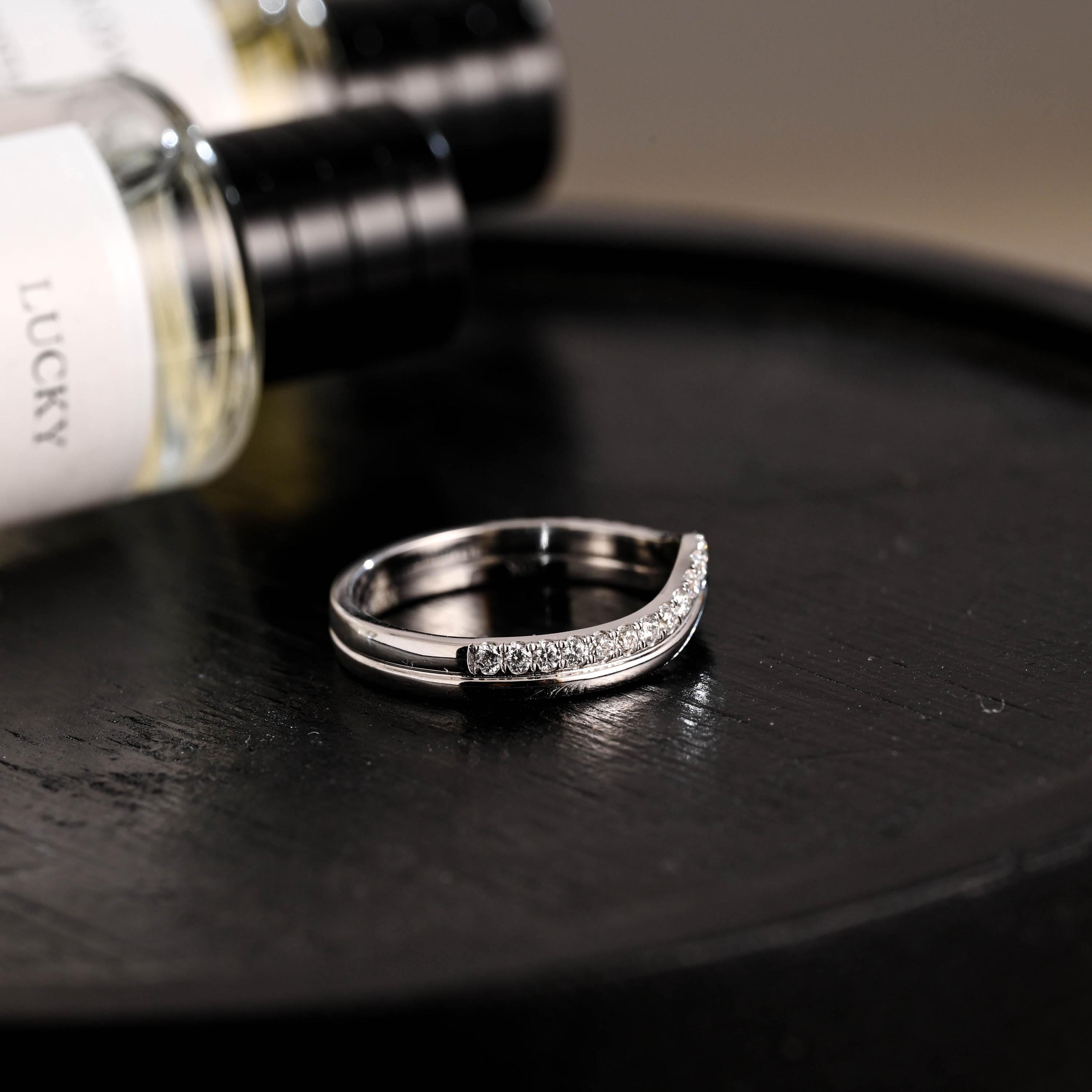 Solid Gold Curved Moissanite Wedding Band, Matching Ring