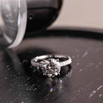 Cathedral band Round Cut Moissanite Engagement Ring, Half Pave Round Cut Moissanite Wedding Ring