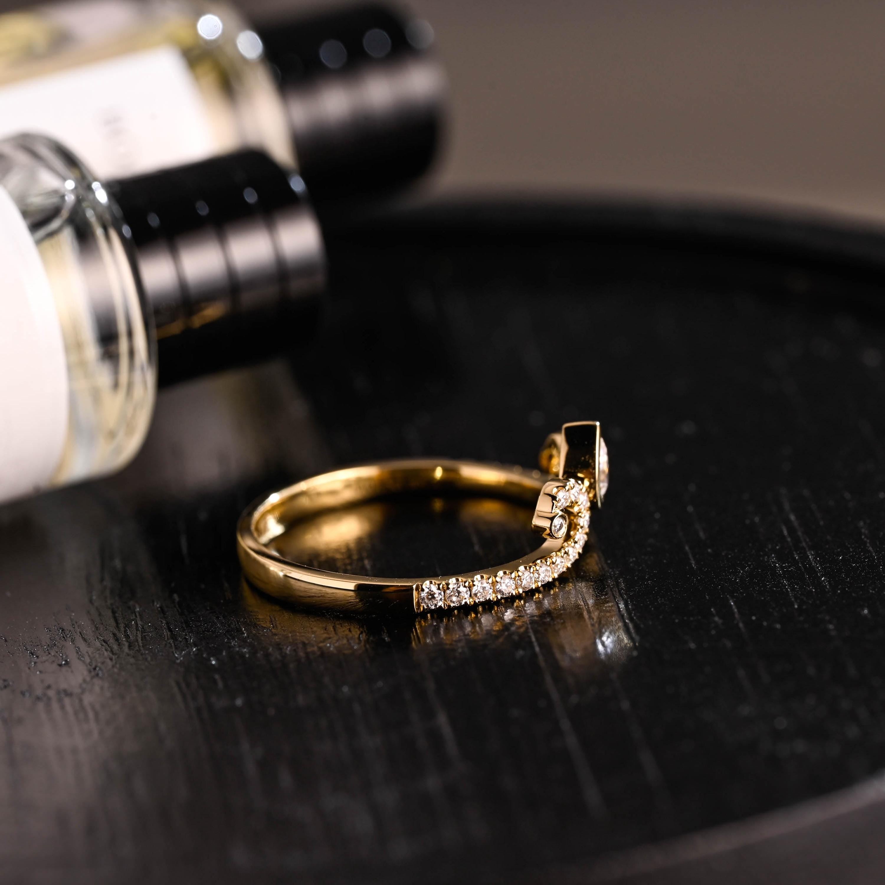 Curved Solid Gold Moissanite Wedding Band, Bezel Nest Anniversary Ring