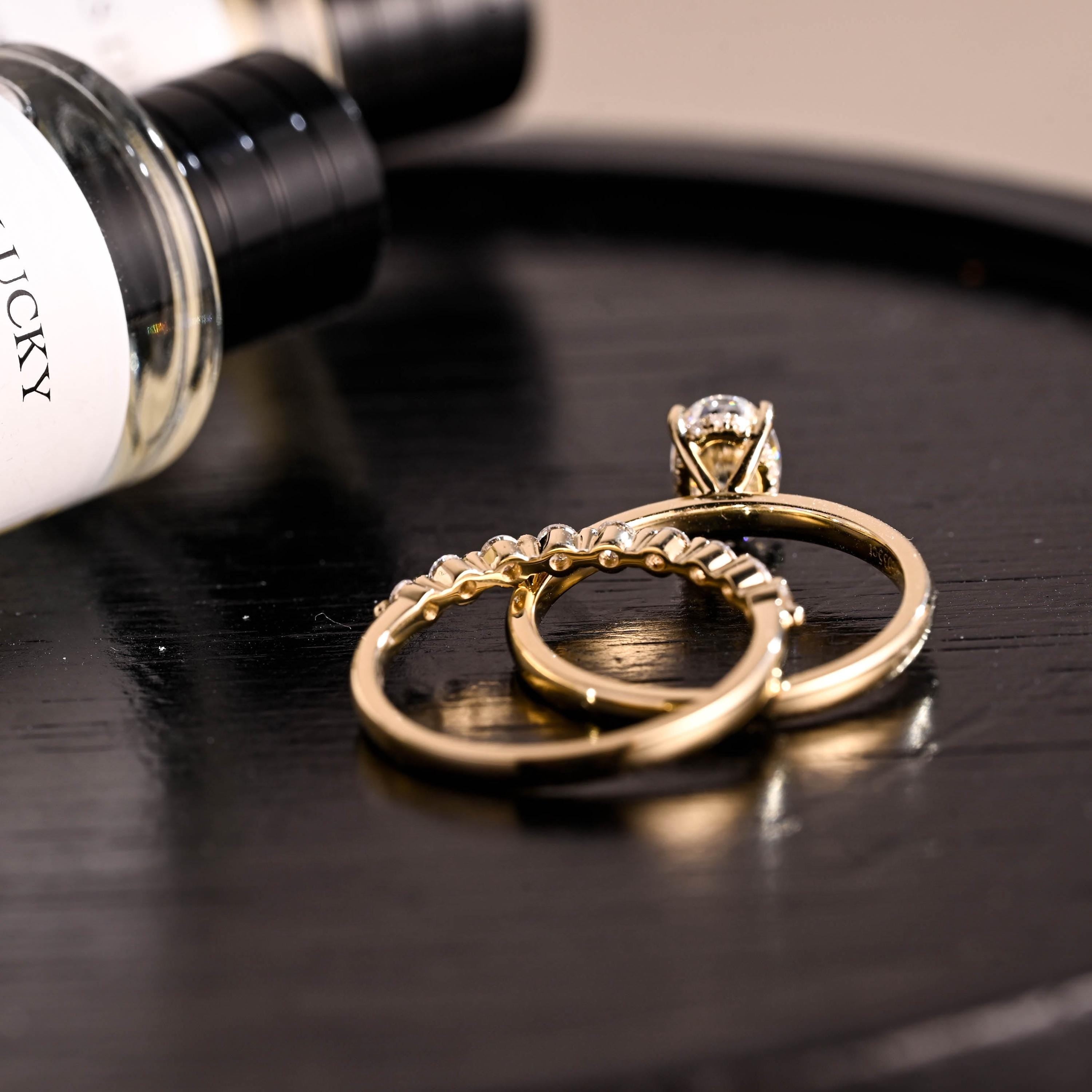 Solid Gold Hidden Halo Oval Cut Moissanite Engagement Ring Set, Half Eternity Ring Bridal Set