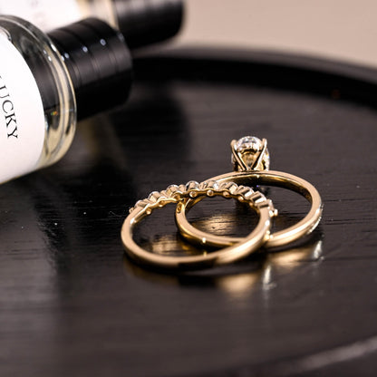Solid Gold Hidden Halo Oval Cut Moissanite Engagement Ring Set, Half Eternity Ring Bridal Set