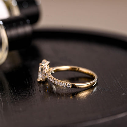 Solid Gold Cathedral Setting Radiant Cut Moissanite Engagement Ring, Hidden Halo Pave Wedding Ring