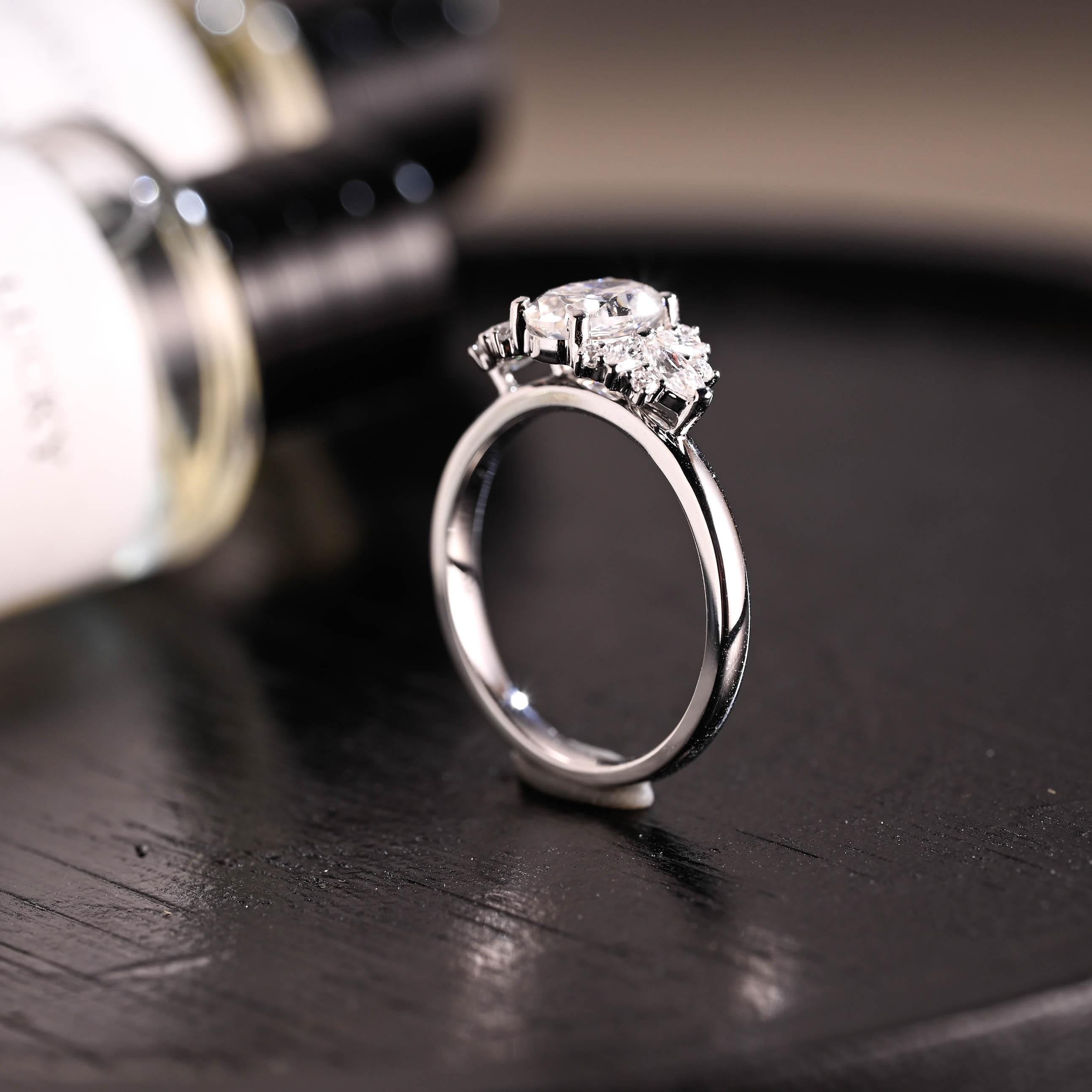 Solid Gold Side Cluster Oval Cut Moissanite Engagement Ring, High Profile Wedding Ring